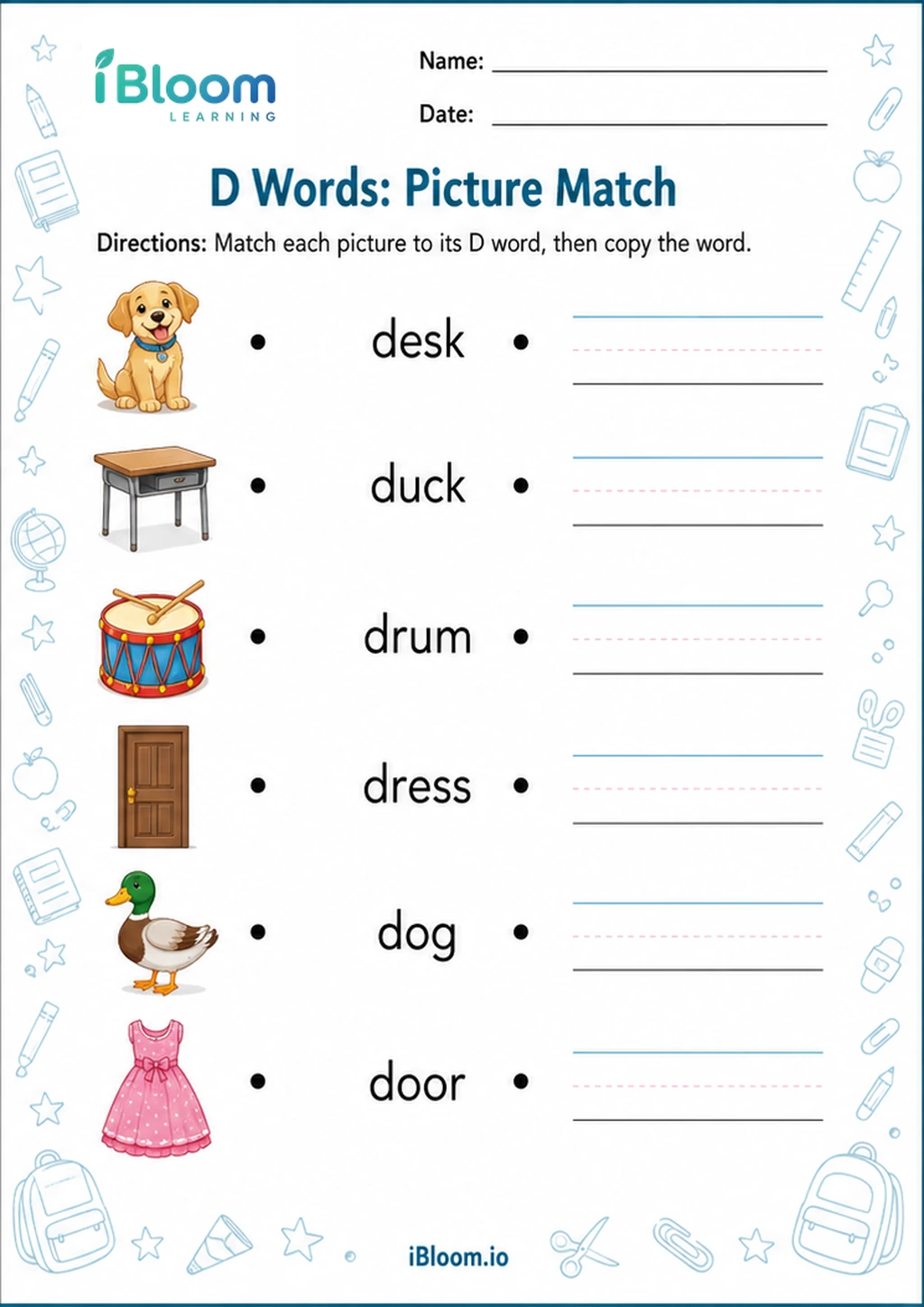 Preview of D Words: Picture Match worksheet