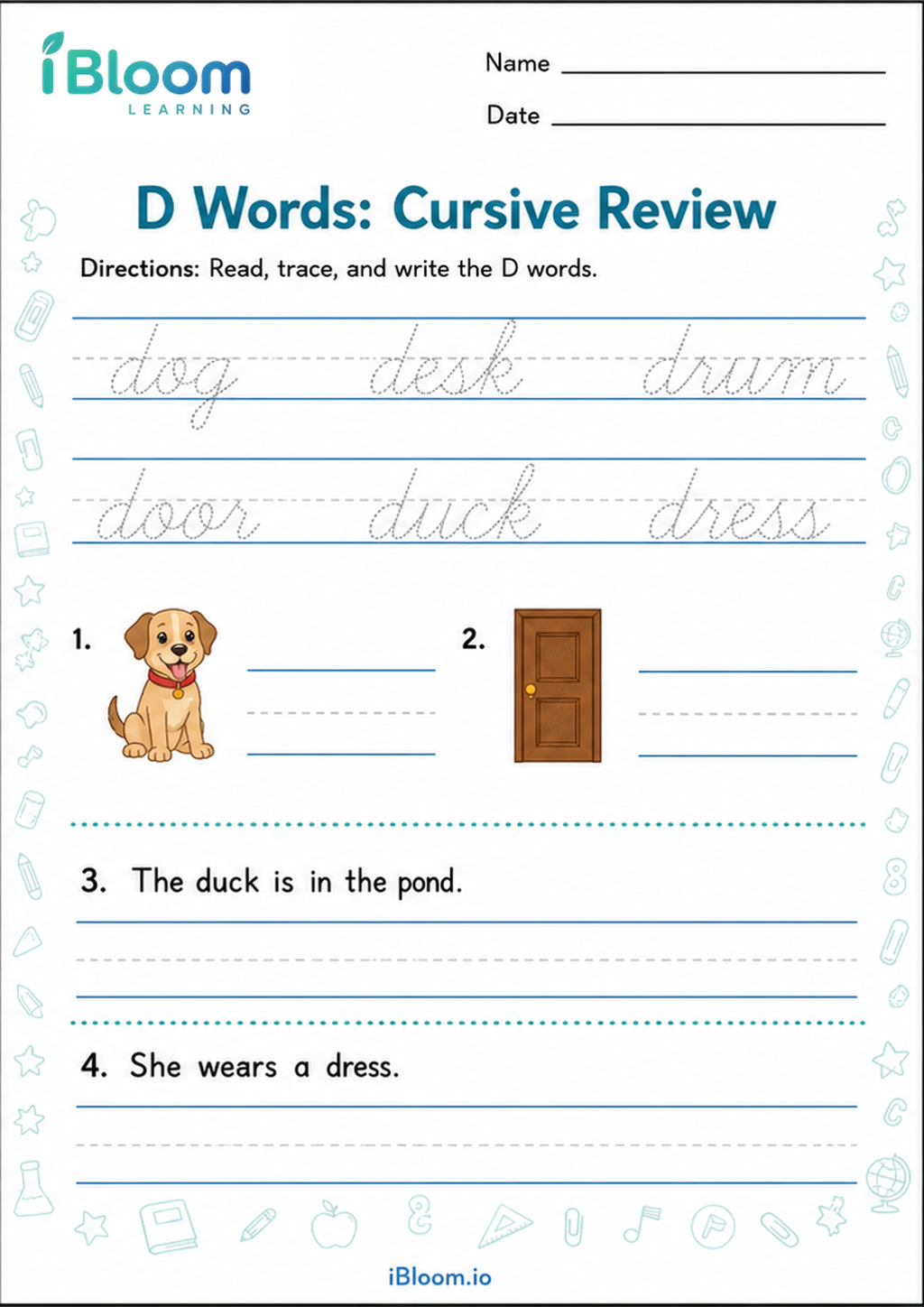 Preview of D Words: Cursive Review worksheet