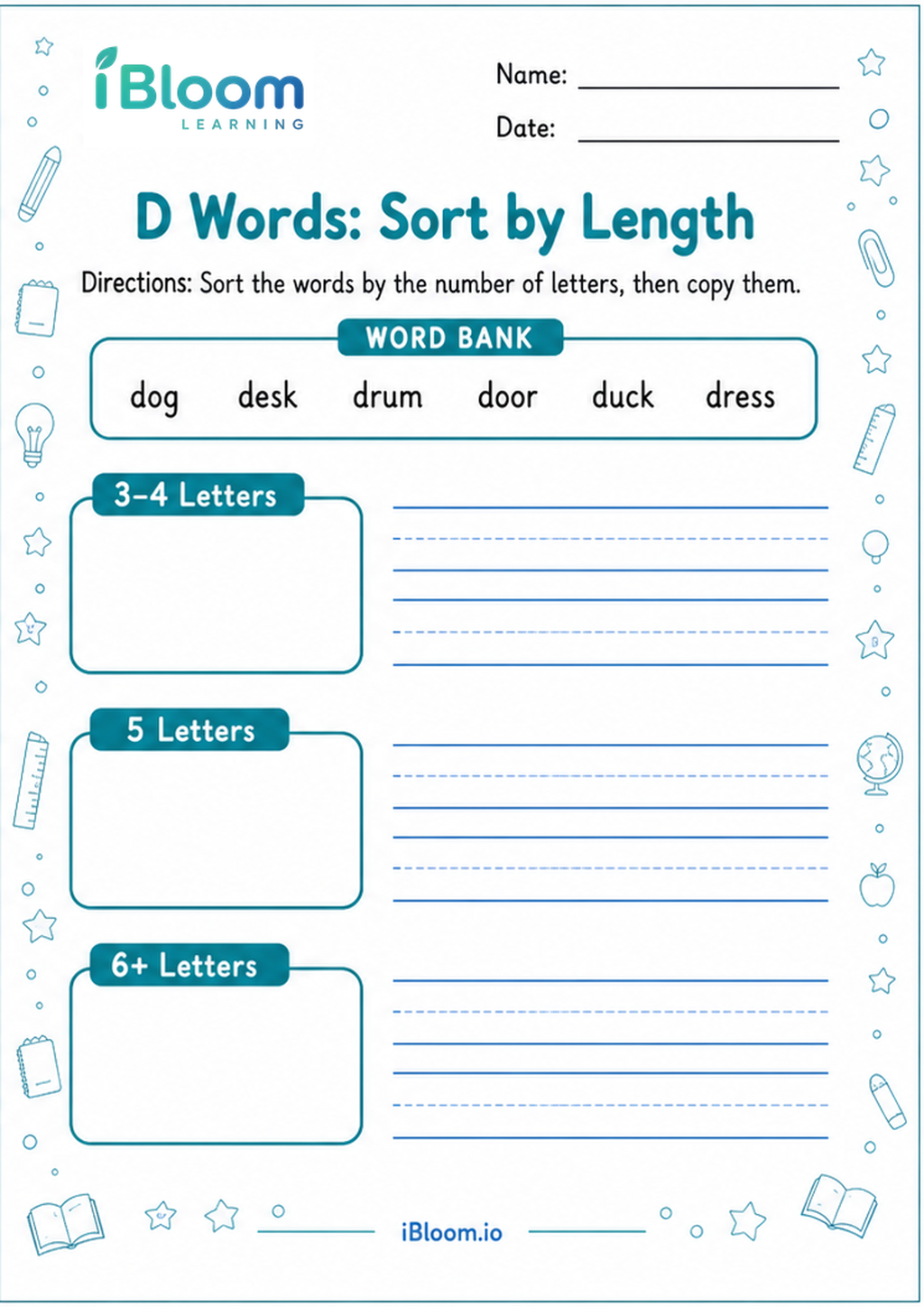 Preview of D Words: Sort by Length worksheet