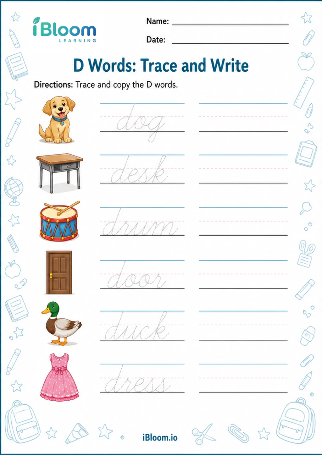 Preview of D Words: Trace and Write worksheet
