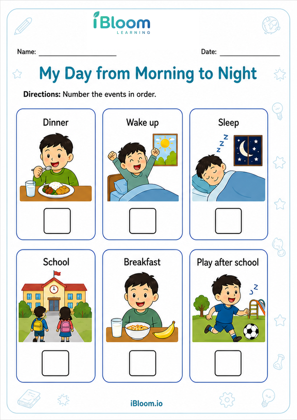 My Day from Morning to Night printable Class 1 worksheet