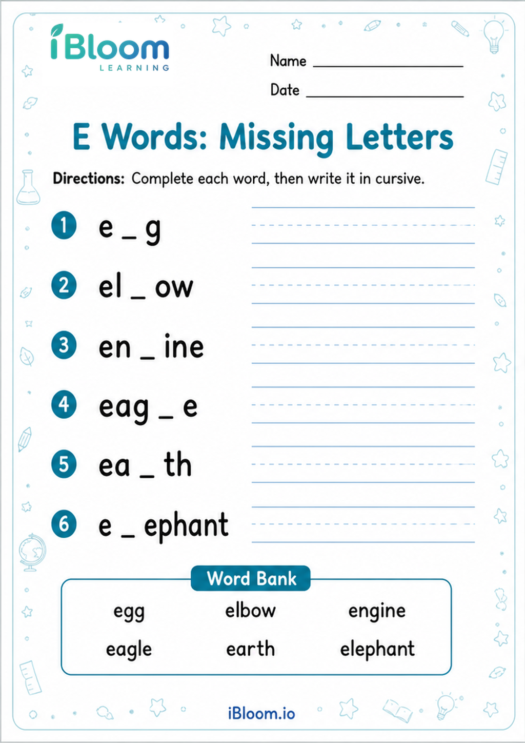 Preview page 1 of E Words: Missing Letters