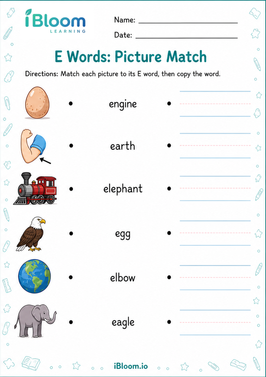 Preview of E Words: Picture Match worksheet
