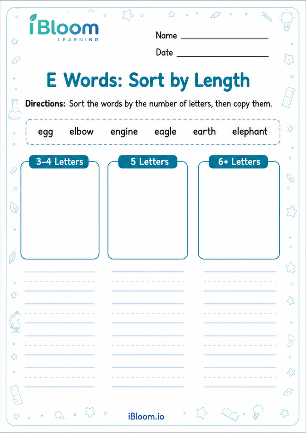 Preview page 1 of E Words: Sort by Length