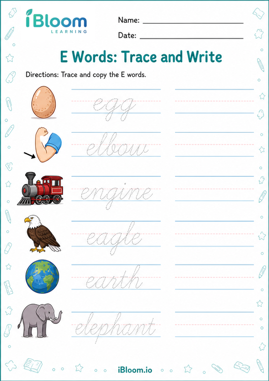 Preview of E Words: Trace and Write worksheet
