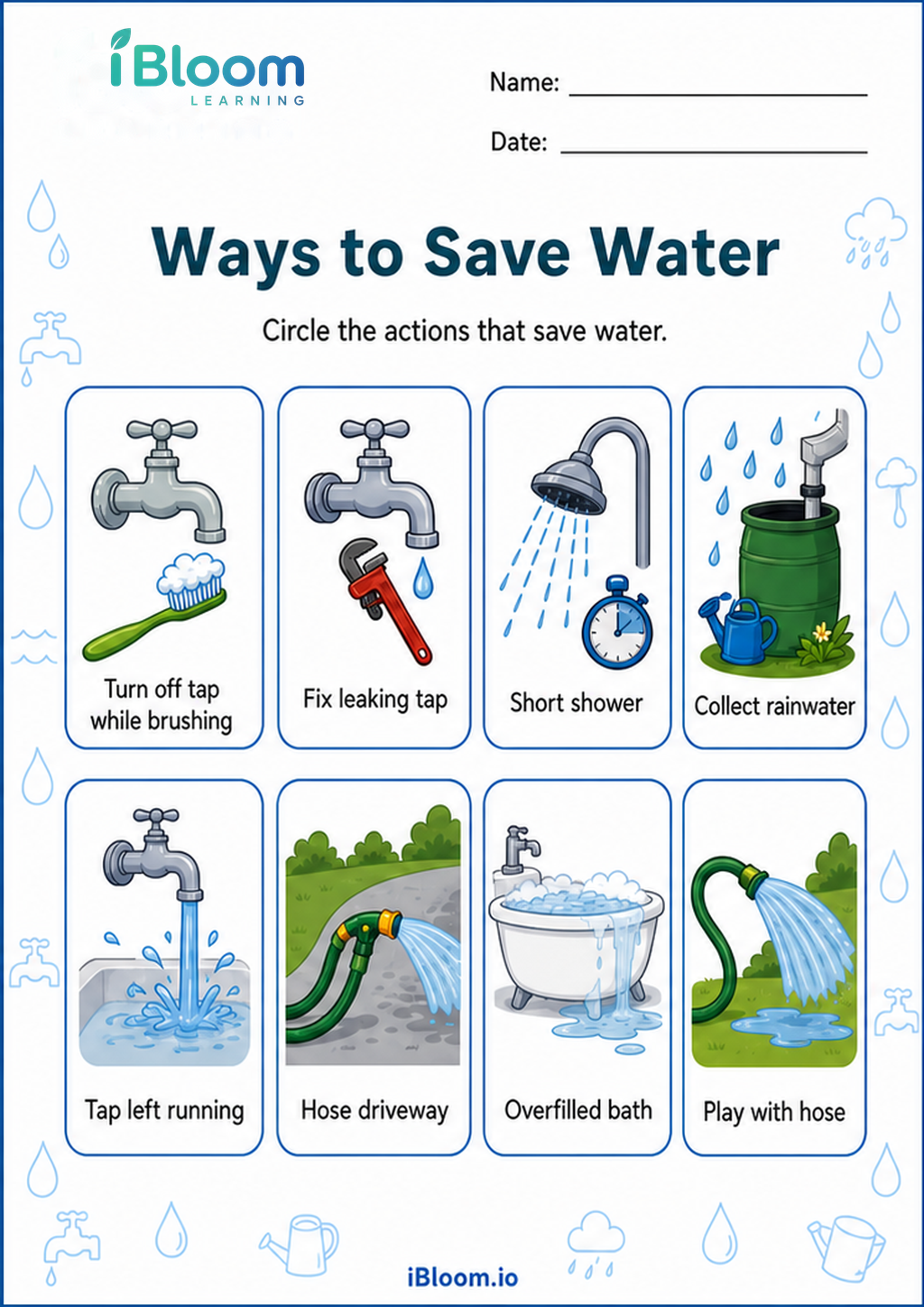 Ways to Save Water printable Class 2 worksheet