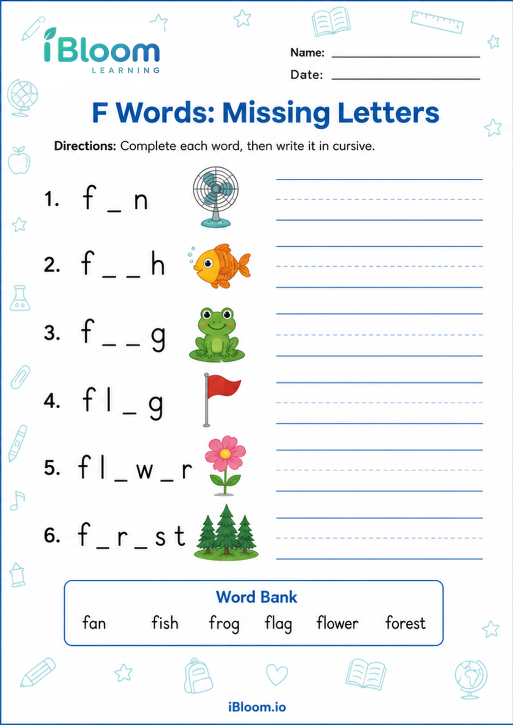 Preview page 1 of F Words: Missing Letters