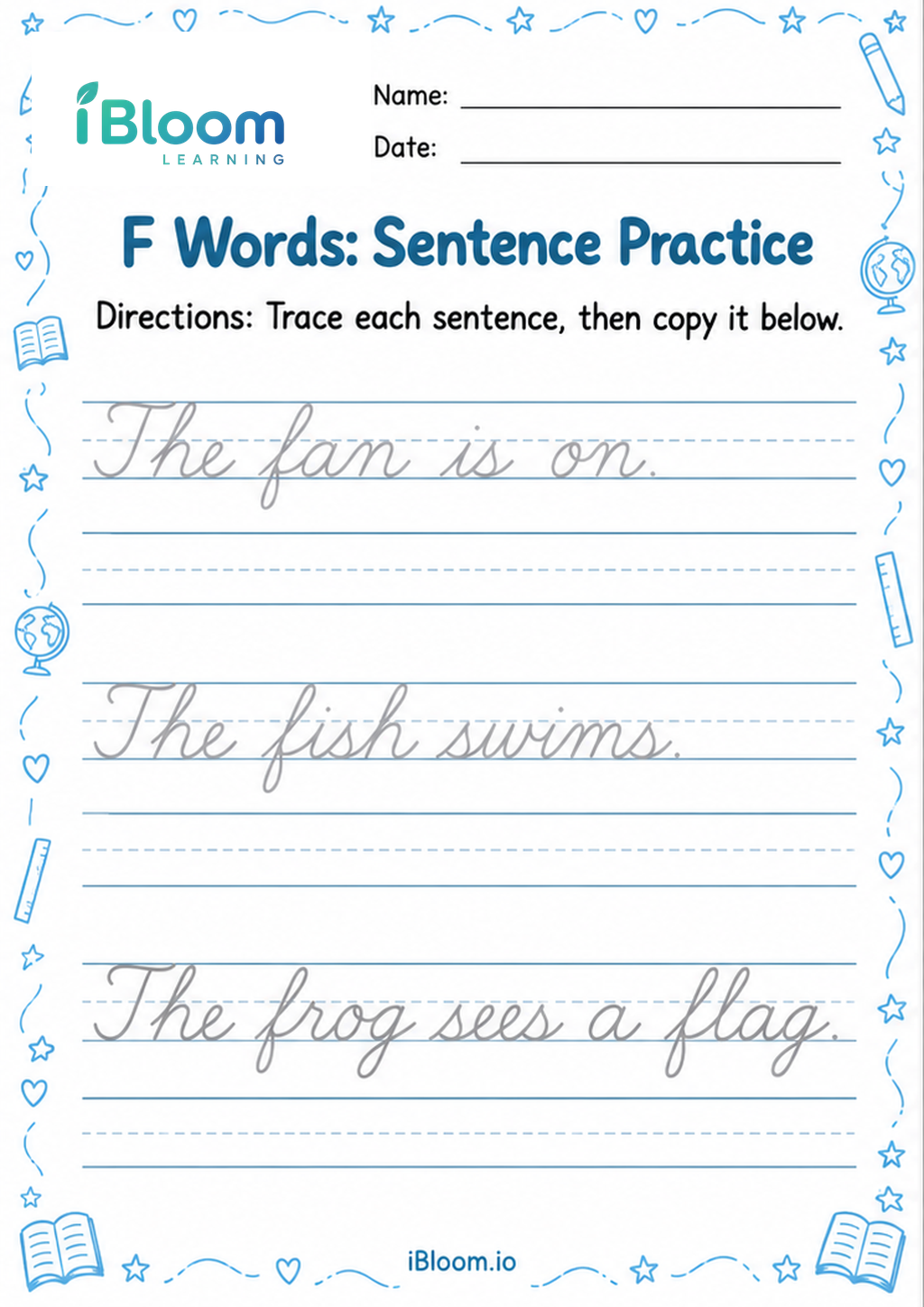 F Words: Sentence Practice printable Class 2 cursive worksheet