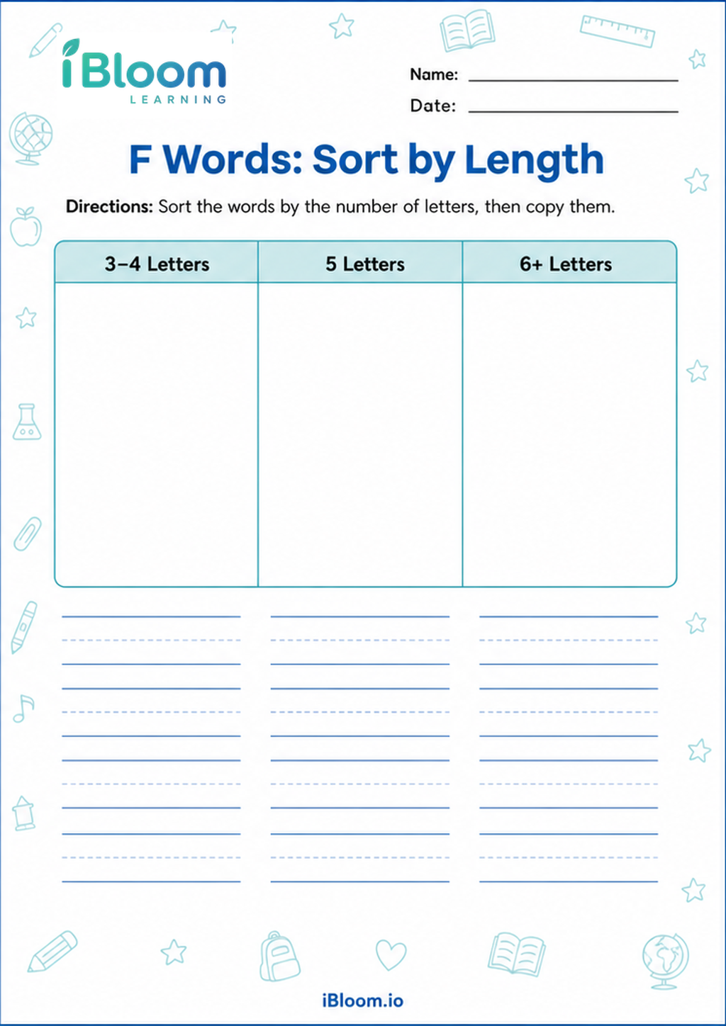 Preview page 1 of F Words: Sort by Length