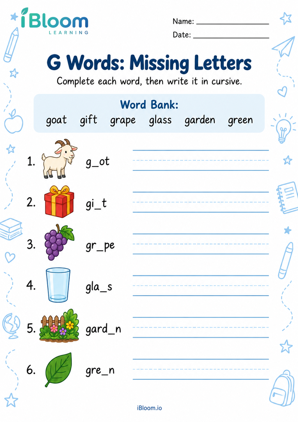 G Words: Missing Letters printable Class 2 cursive worksheet