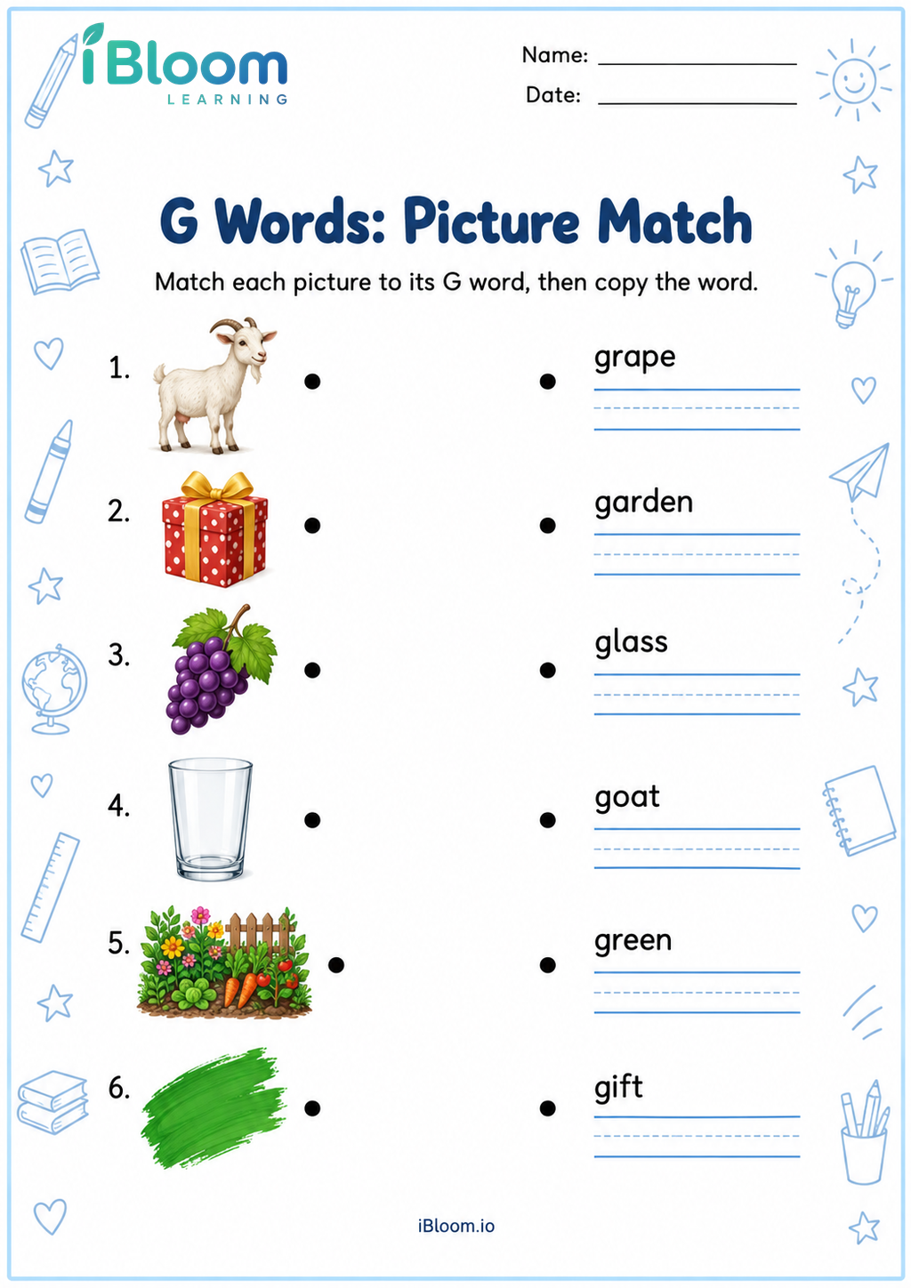 Preview of G Words: Picture Match worksheet