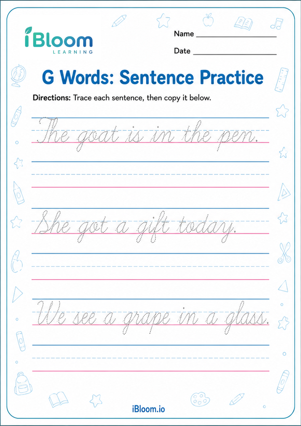 Preview of G Words: Sentence Practice worksheet