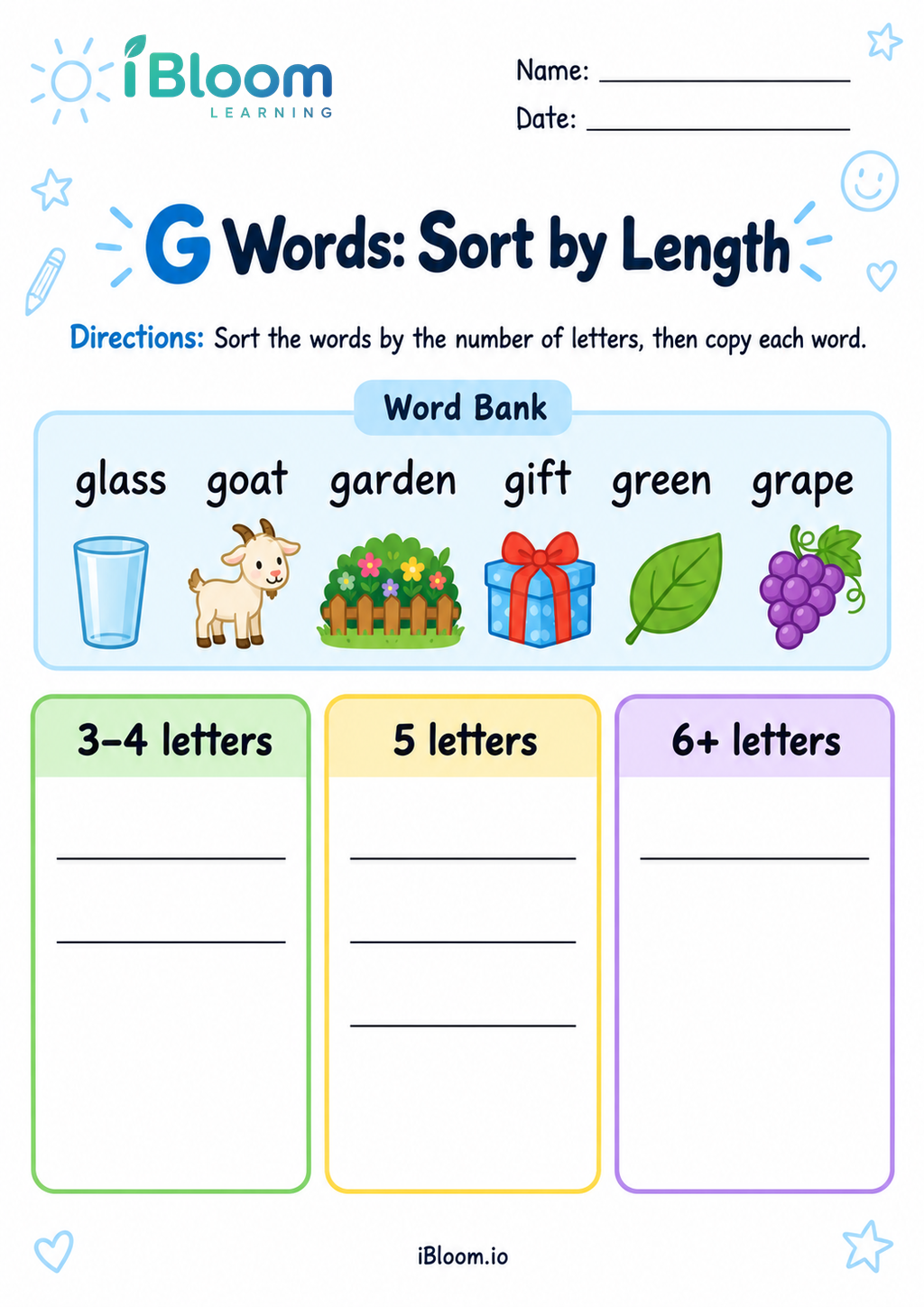 Preview page 1 of G Words: Sort by Length