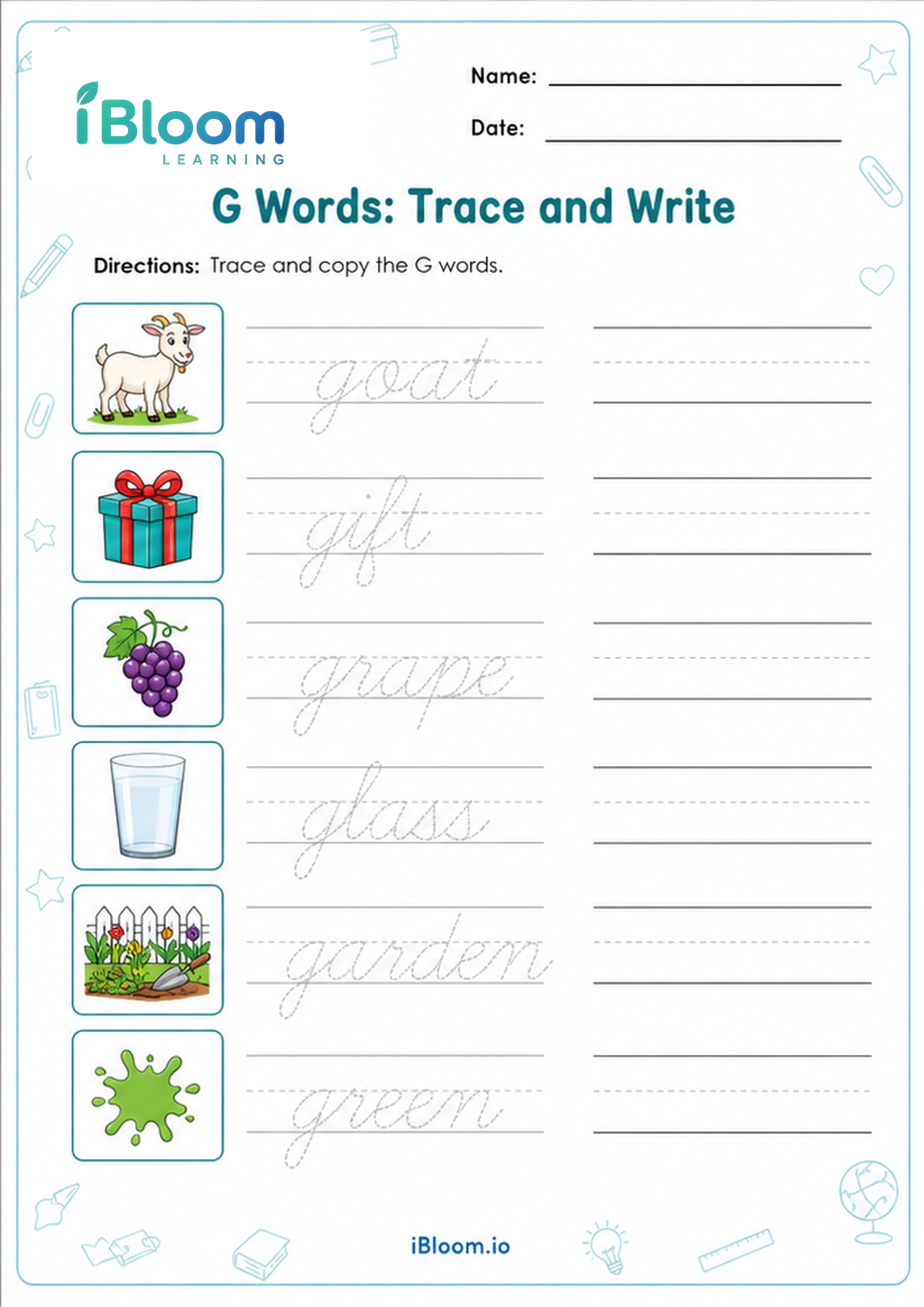 Preview of G Words: Trace and Write worksheet