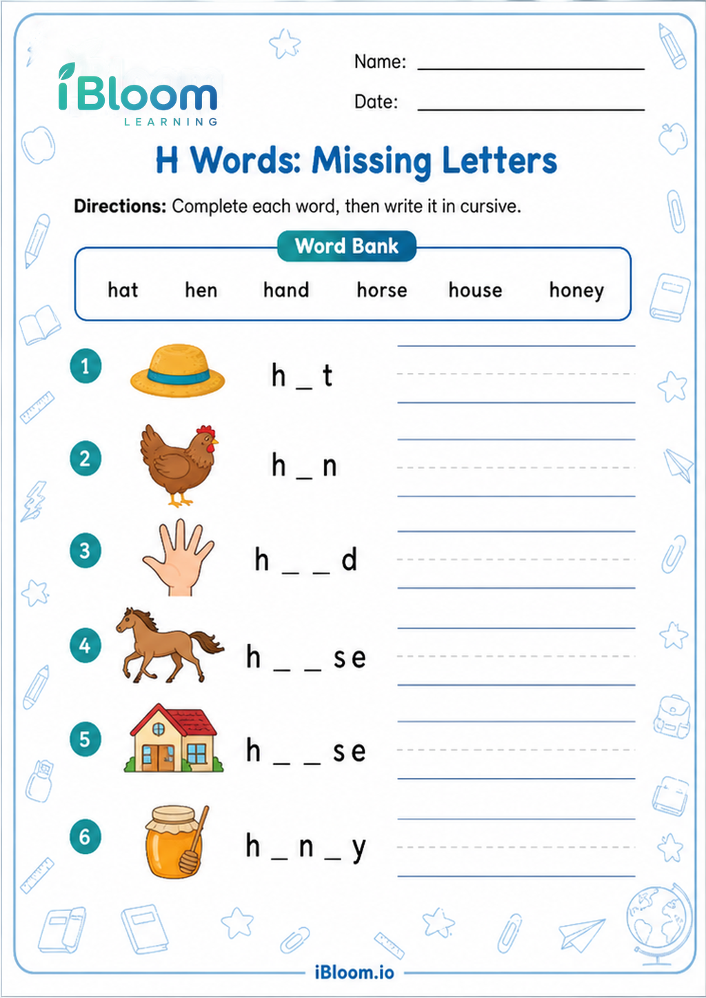 Preview page 1 of H Words: Missing Letters