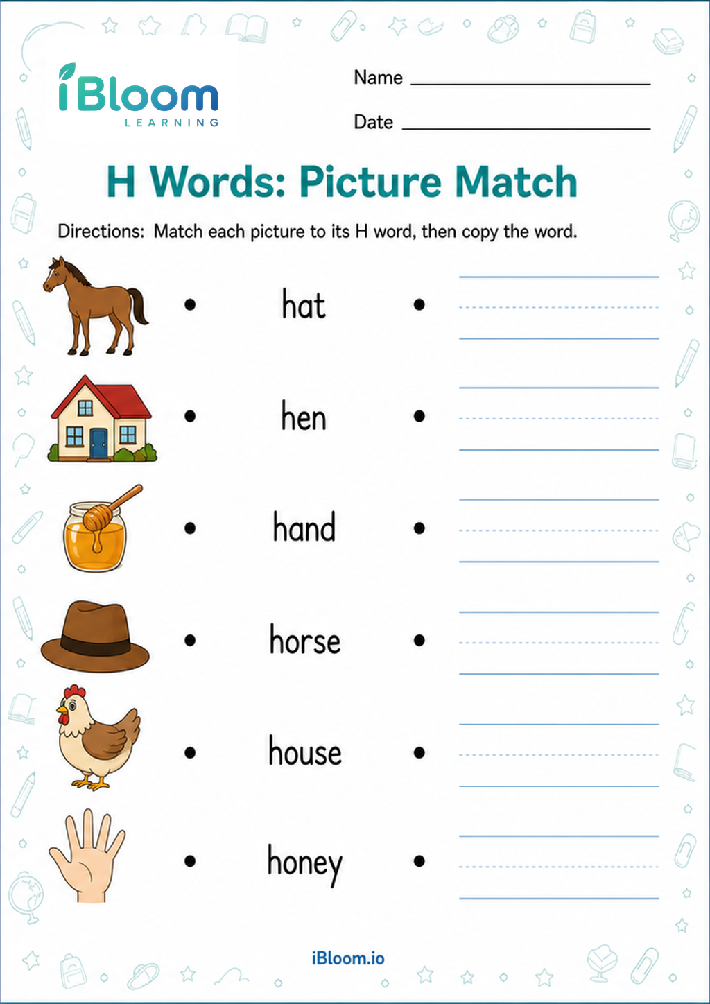 Preview of H Words: Picture Match worksheet