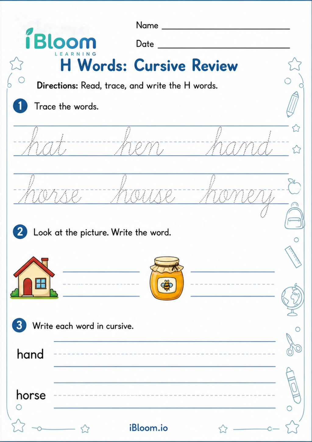 Preview page 1 of H Words: Cursive Review