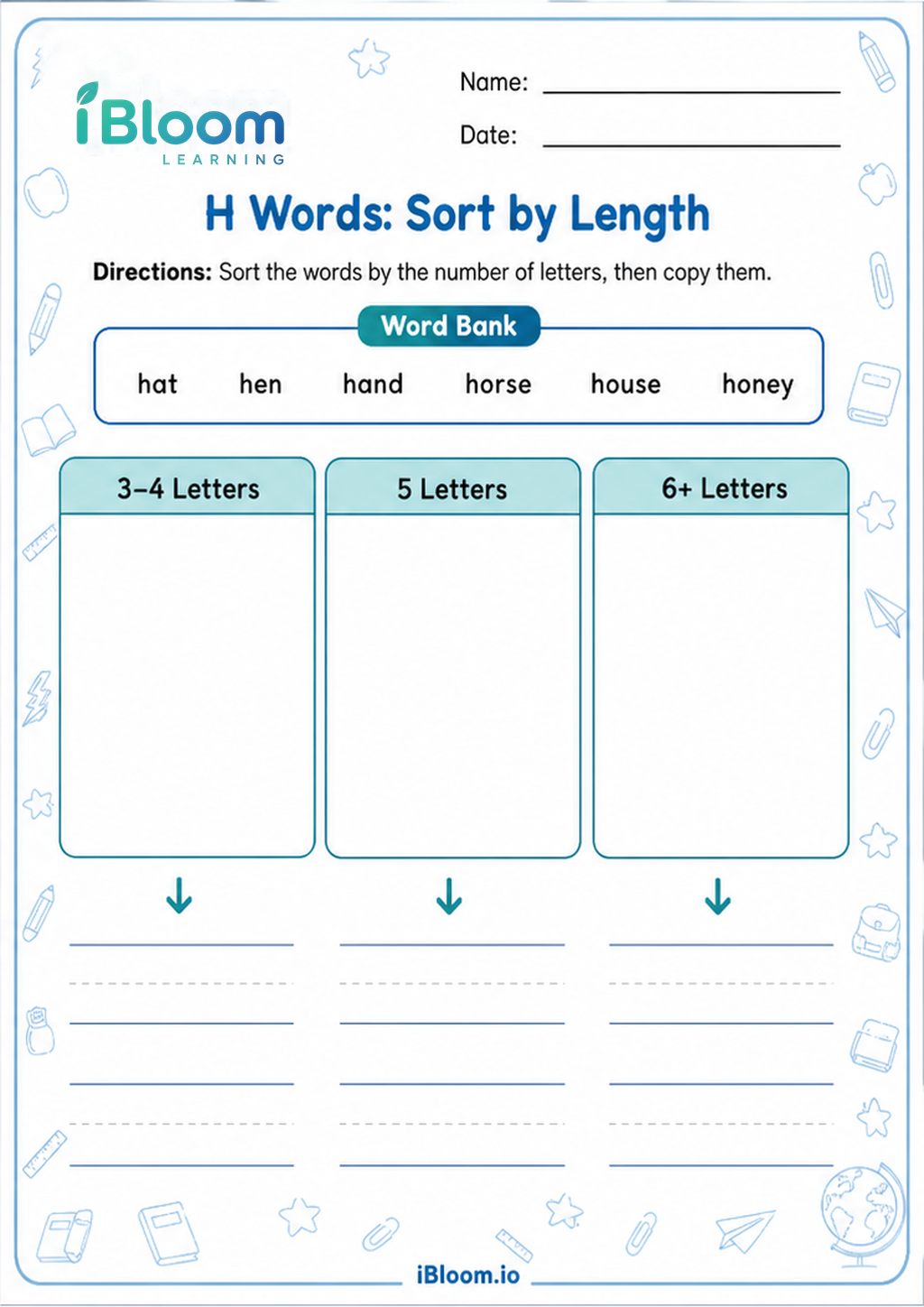 Preview page 1 of H Words: Sort by Length