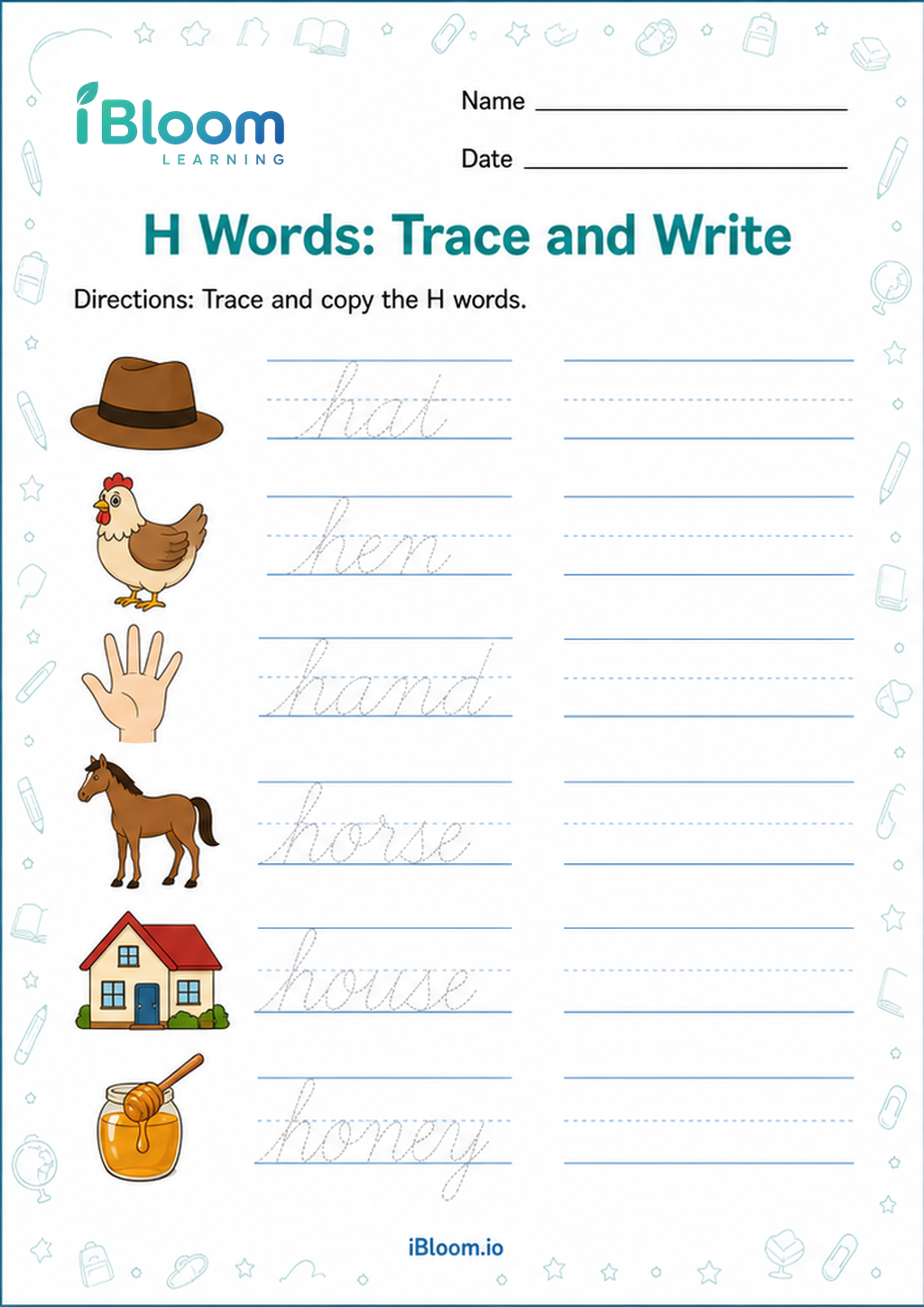 Preview page 1 of H Words: Trace and Write
