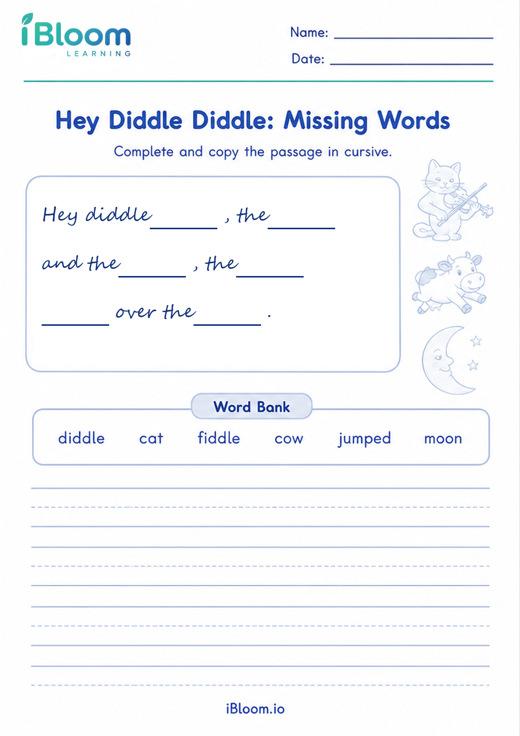 Hey Diddle Diddle: Missing Words printable Class 2 cursive worksheet