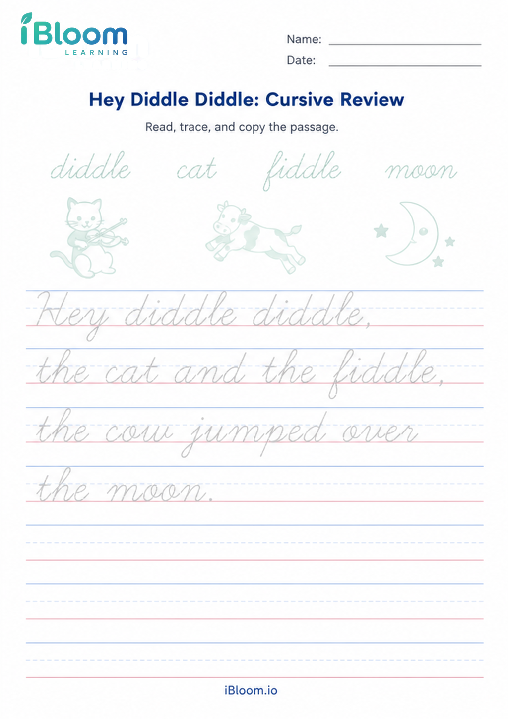 Hey Diddle Diddle: Cursive Review printable Class 2 cursive worksheet