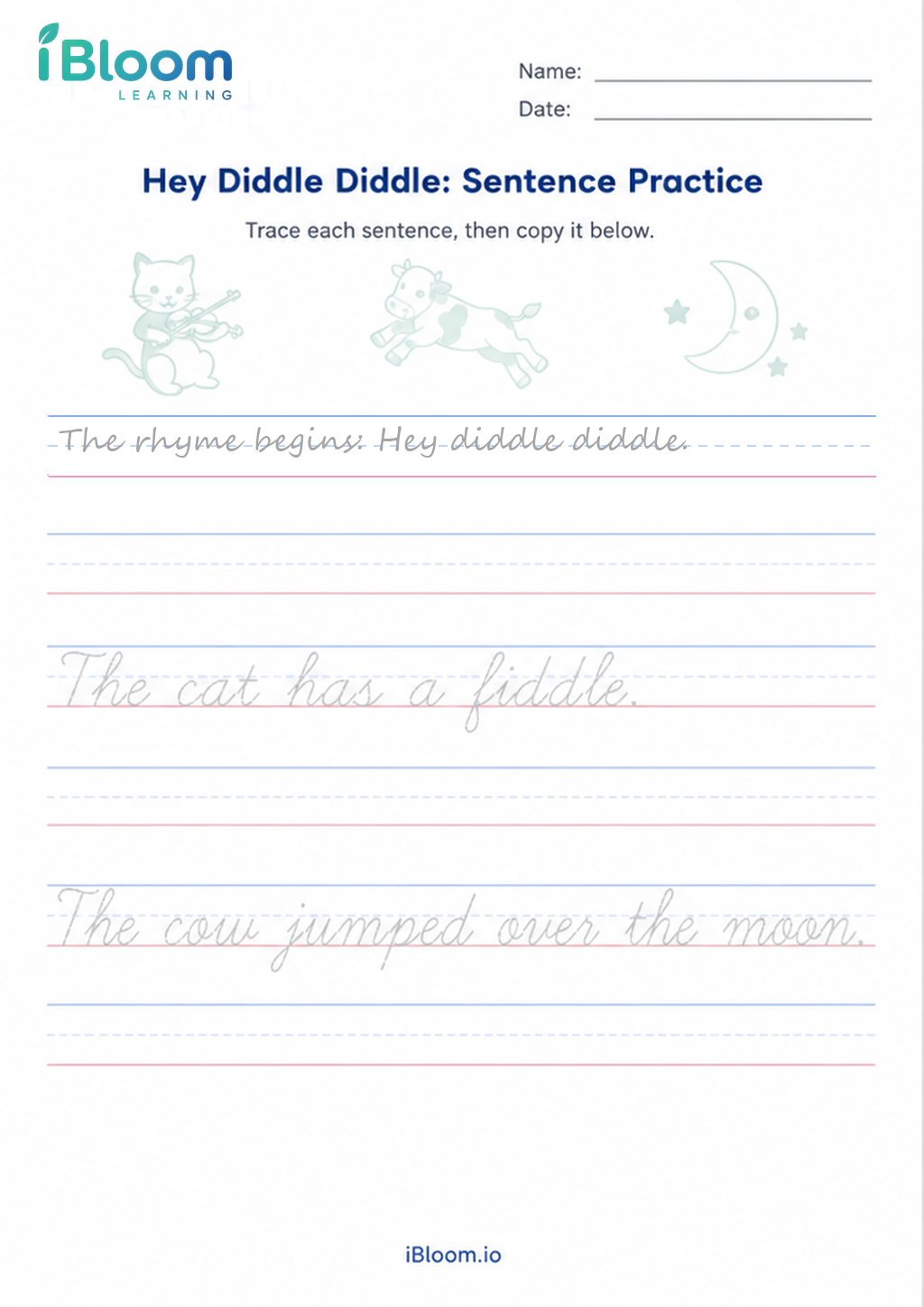Hey Diddle Diddle: Sentence Practice printable Class 2 cursive worksheet