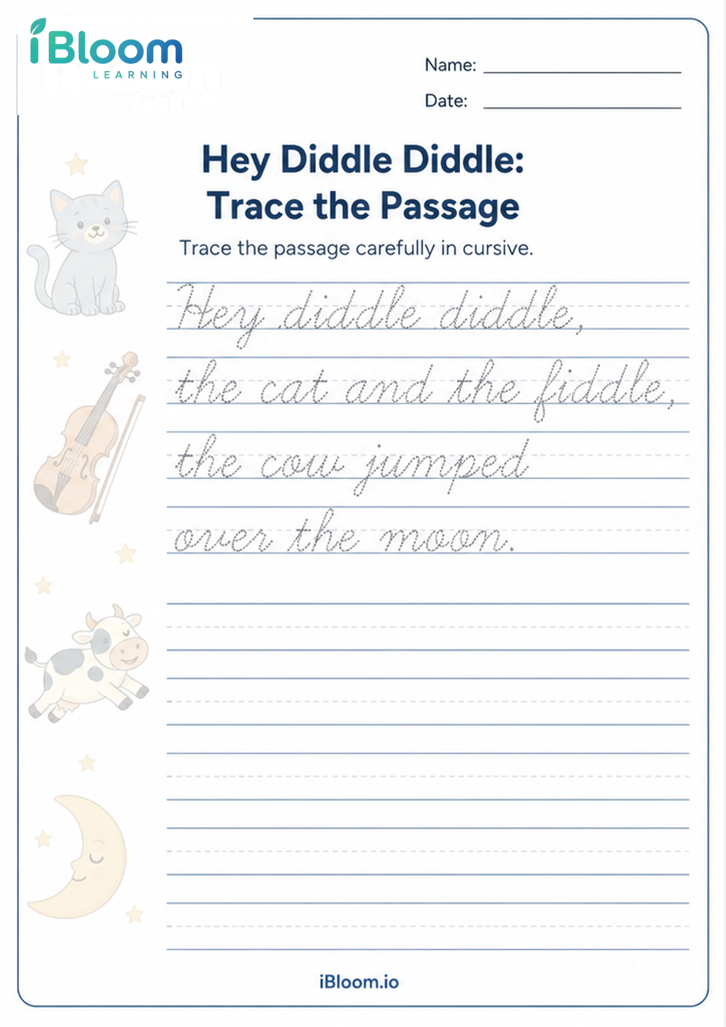 Hey Diddle Diddle: Trace the Passage printable Class 2 cursive worksheet