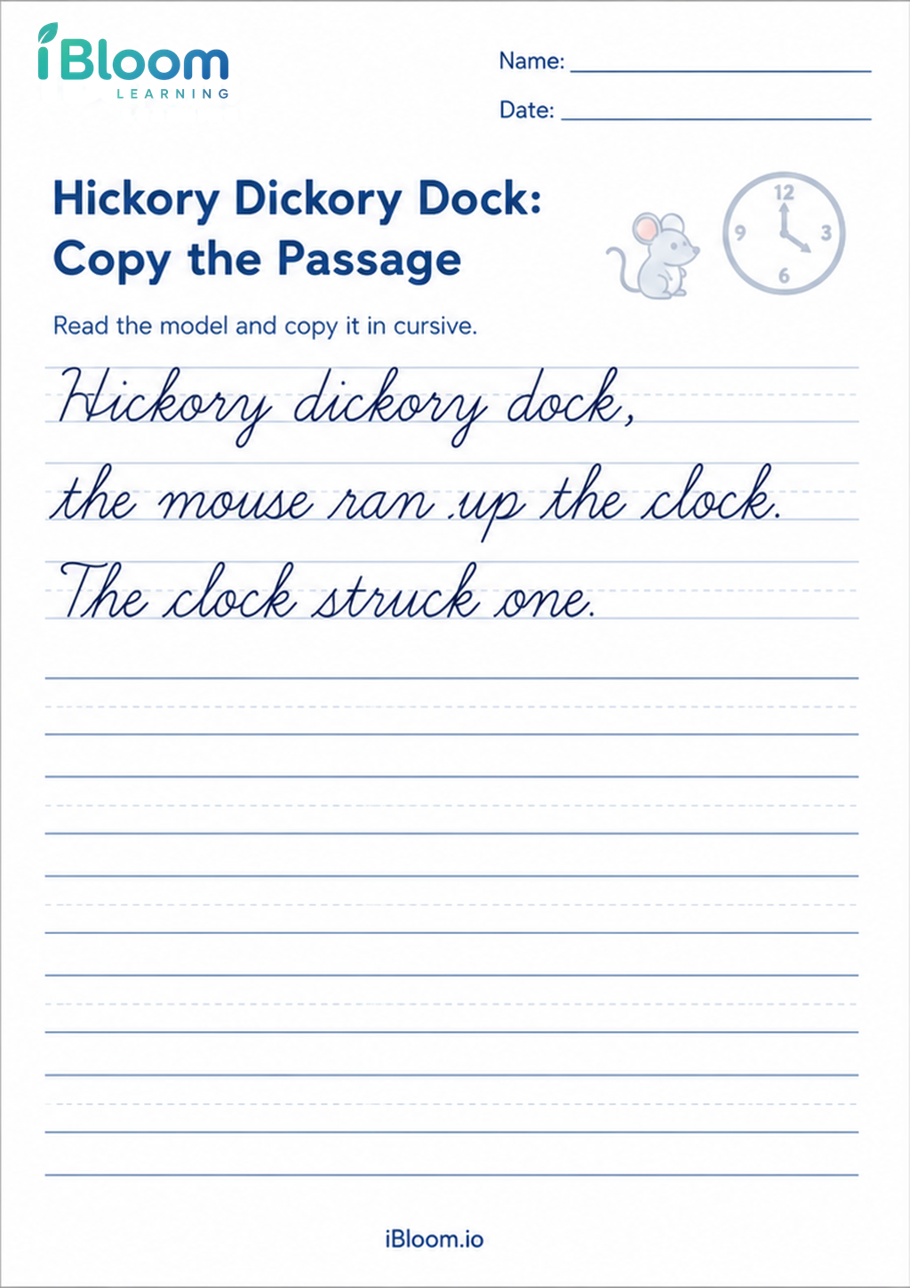 Preview of Hickory Dickory Dock: Copy the Passage worksheet