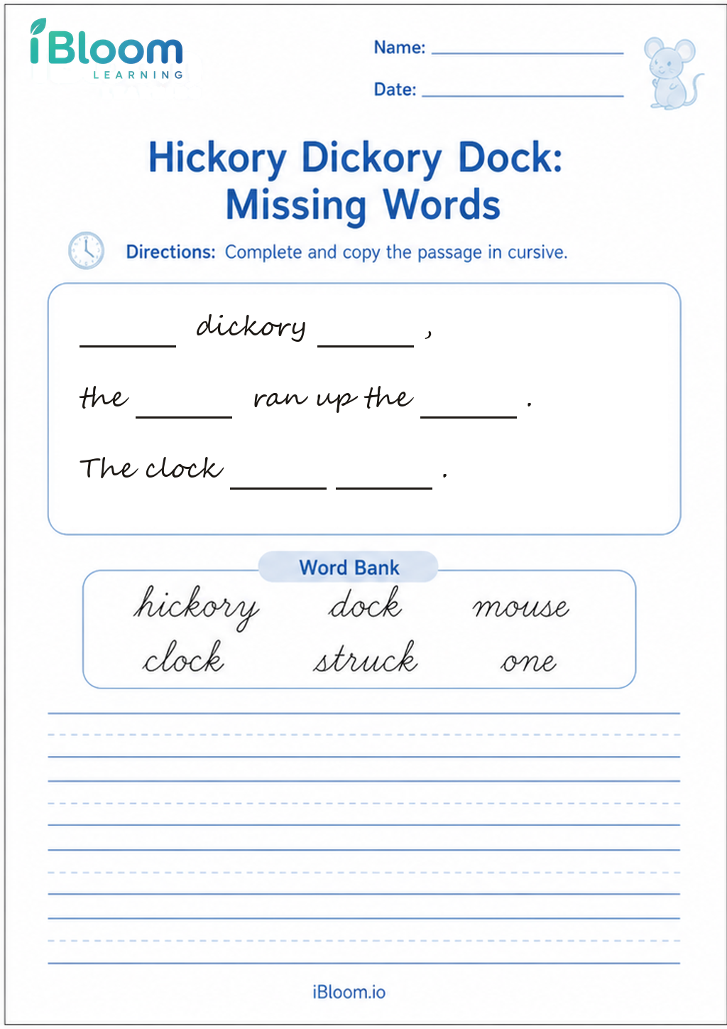 Preview of Hickory Dickory Dock: Missing Words worksheet