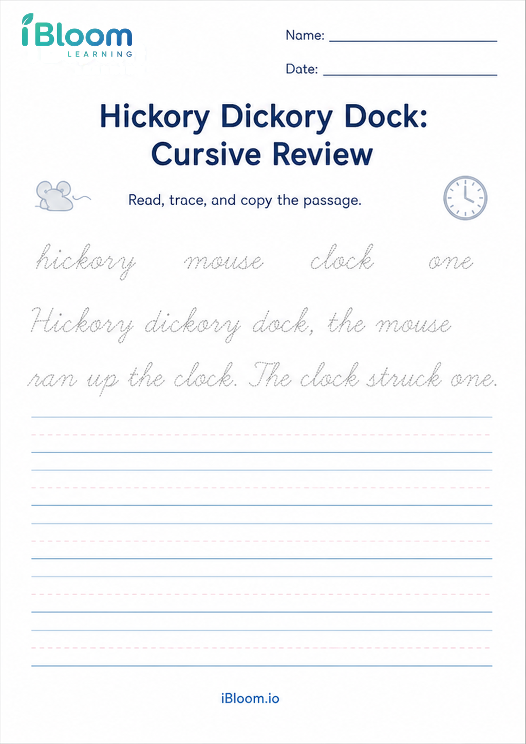 Hickory Dickory Dock: Cursive Review printable Class 2 cursive worksheet