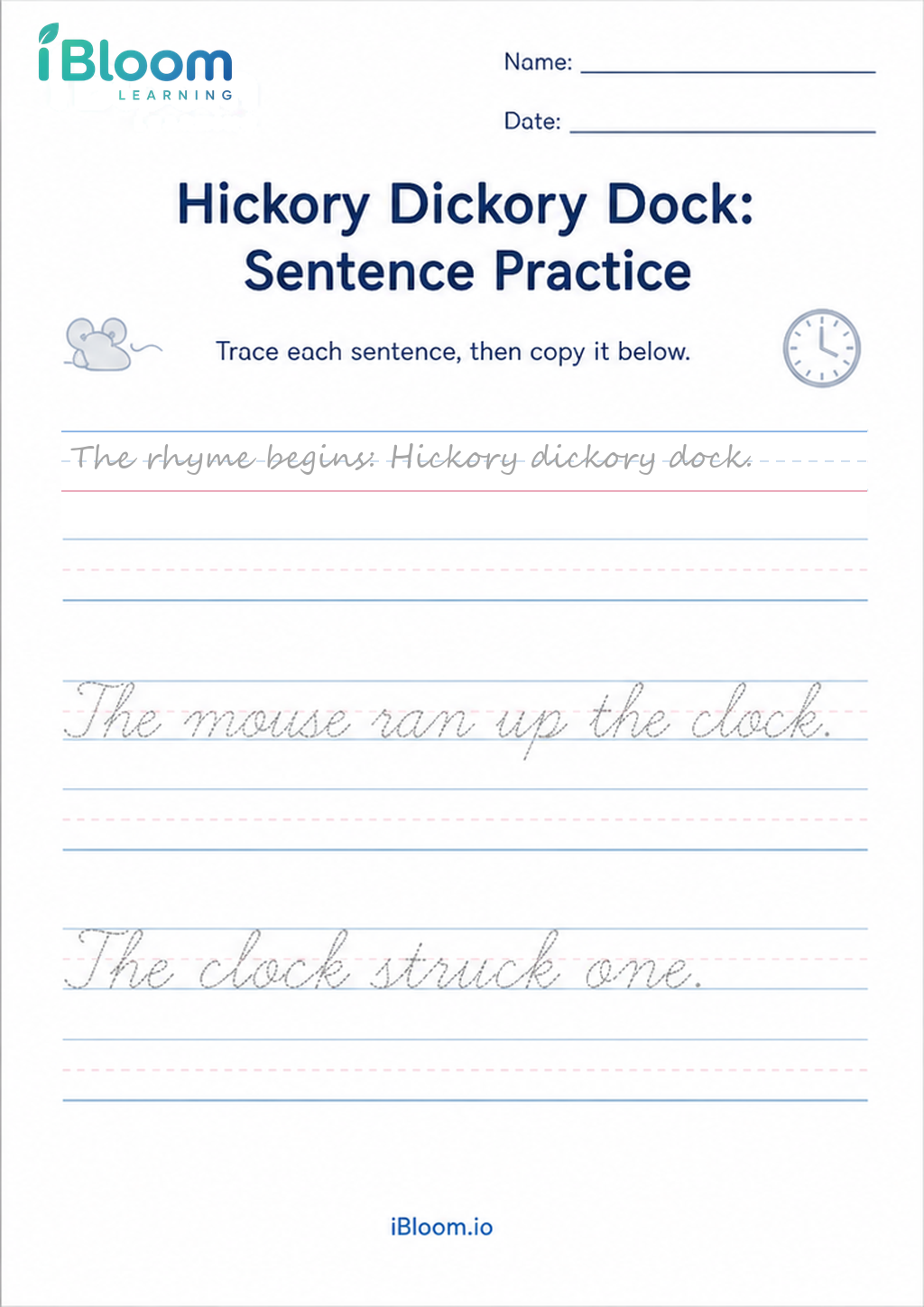 Hickory Dickory Dock: Sentence Practice printable Class 2 cursive worksheet