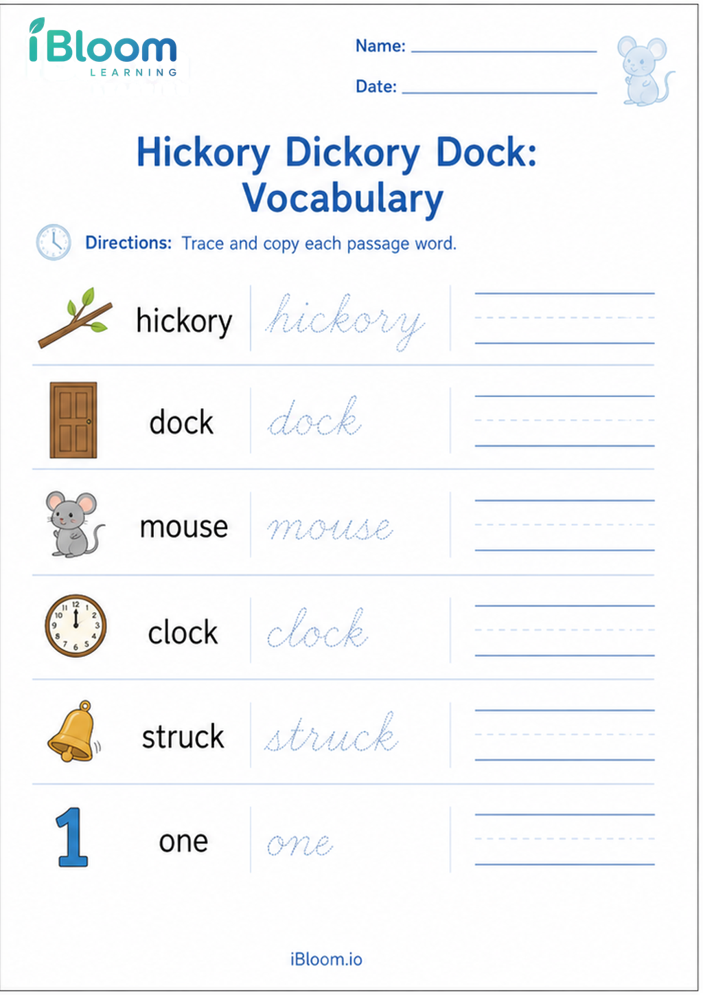 Hickory Dickory Dock: Vocabulary printable Class 2 cursive worksheet