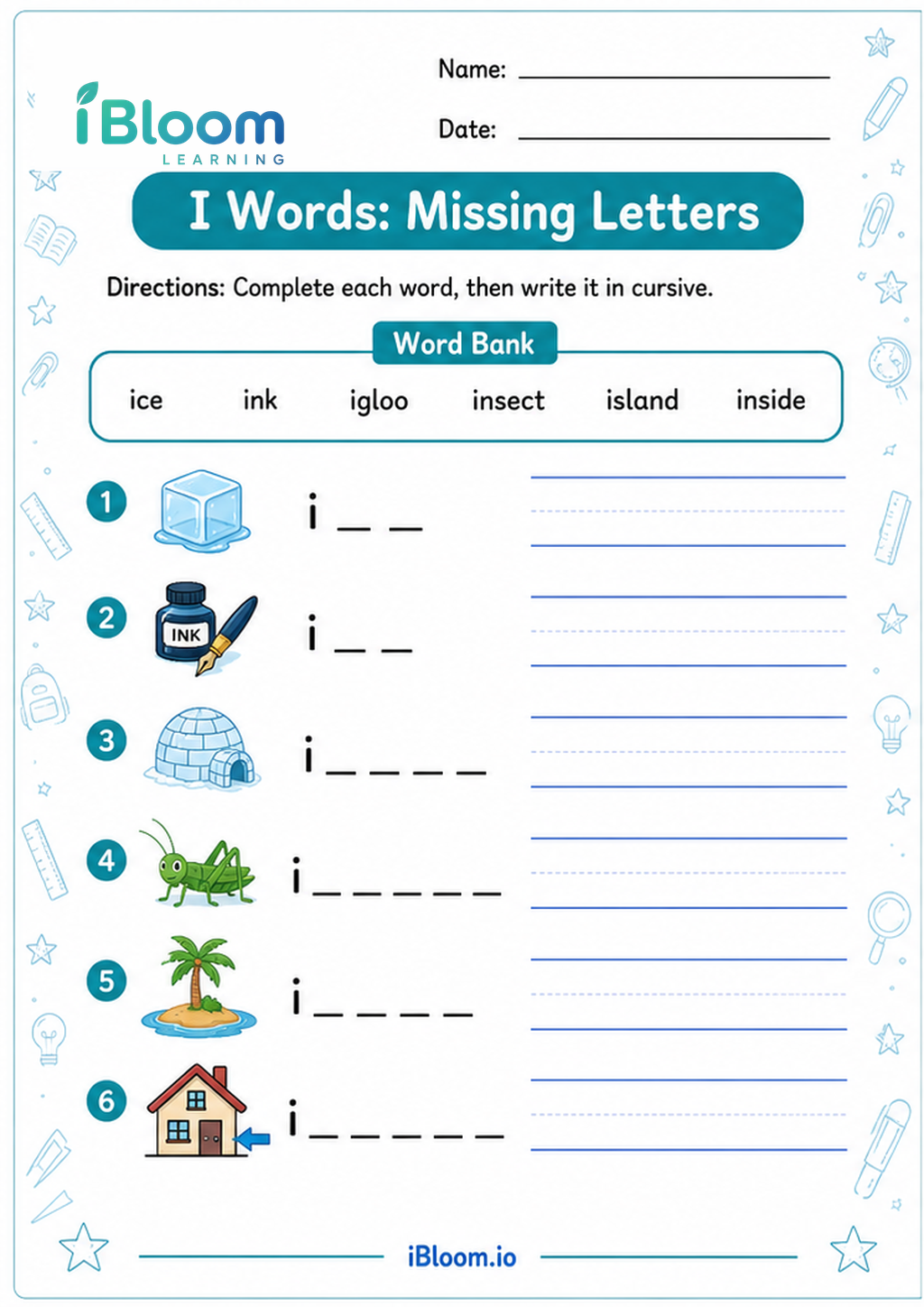 I Words: Missing Letters printable Class 2 cursive worksheet