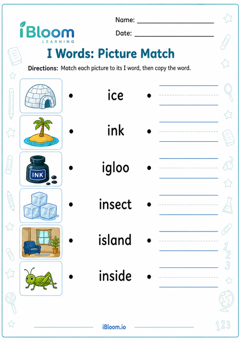 Preview of I Words: Picture Match worksheet