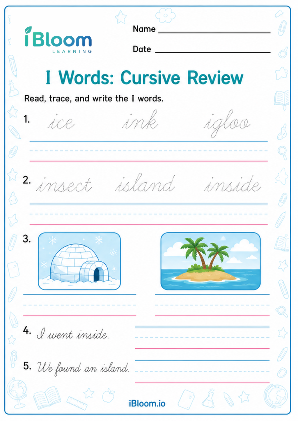 Preview of I Words: Cursive Review worksheet