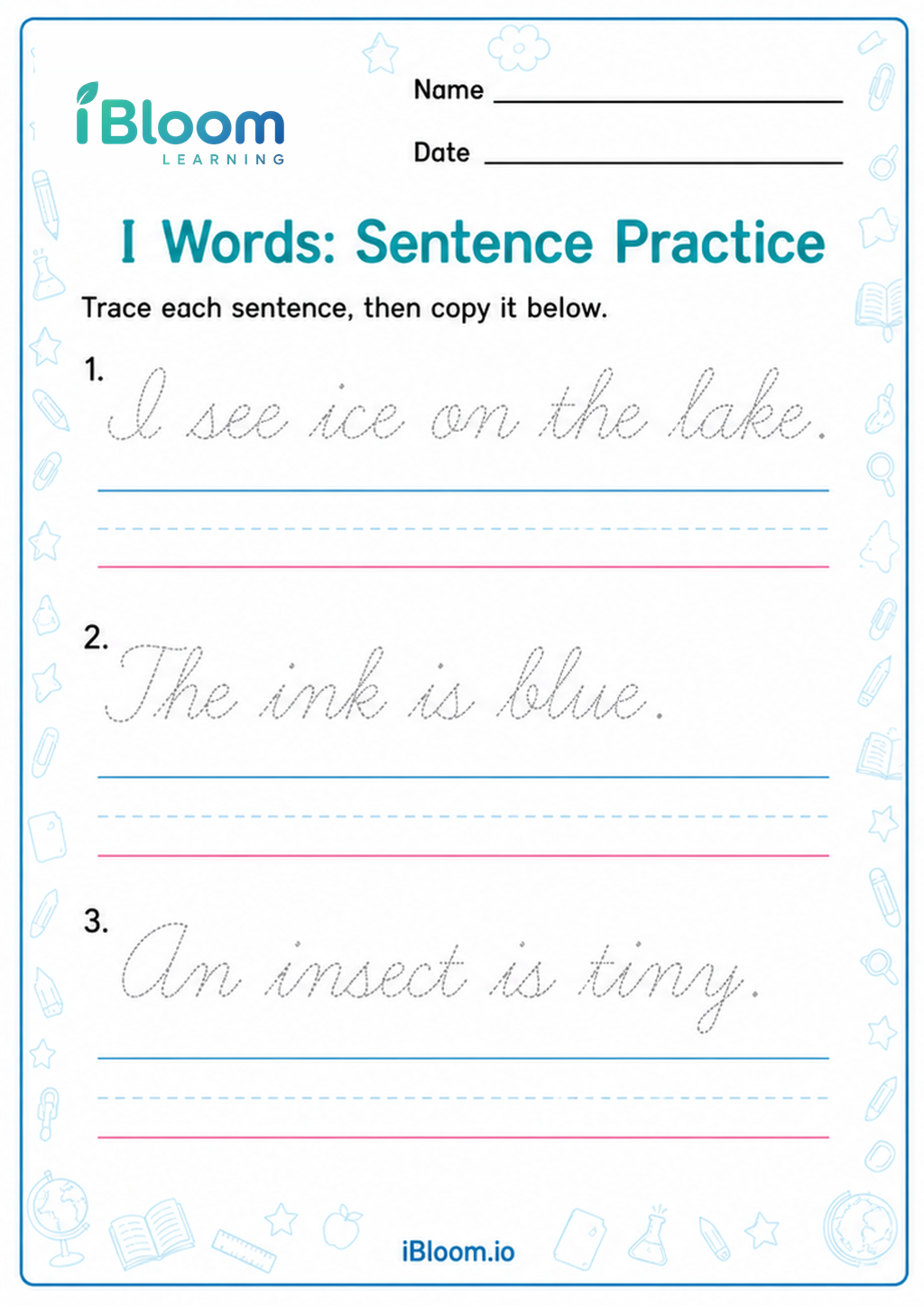 Preview of I Words: Sentence Practice worksheet