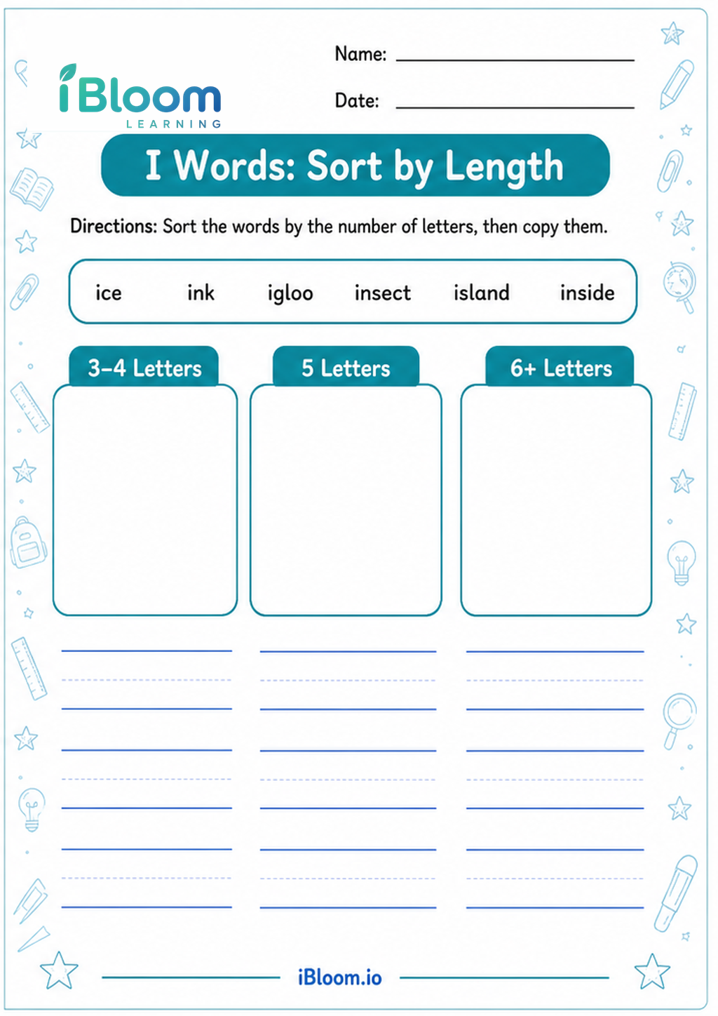 Preview page 1 of I Words: Sort by Length