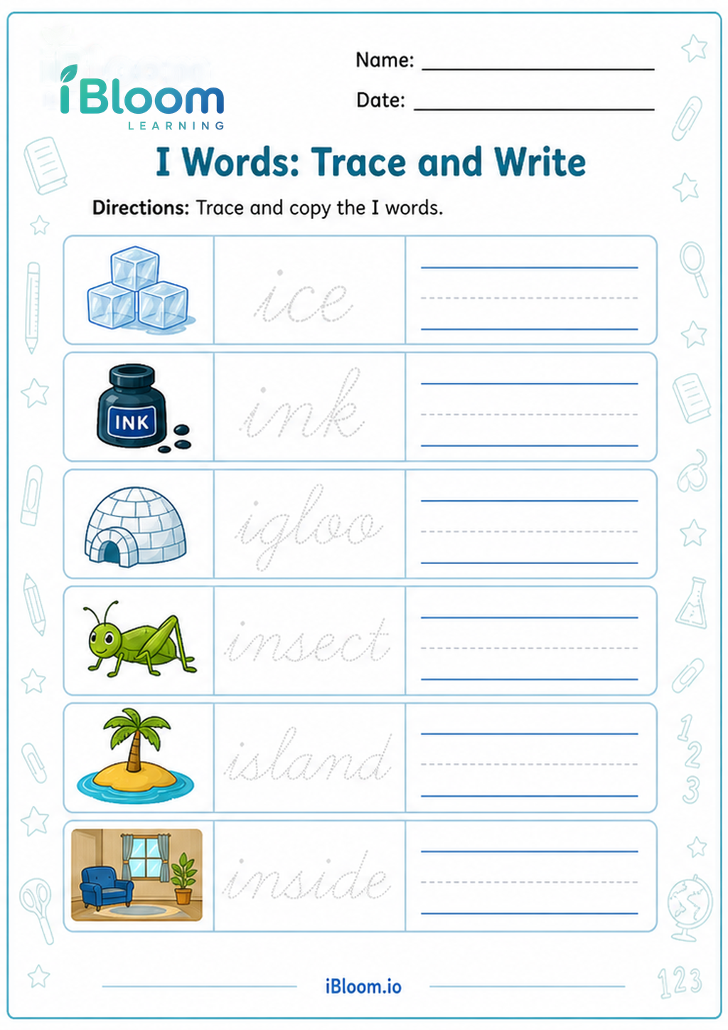 Preview page 1 of I Words: Trace and Write