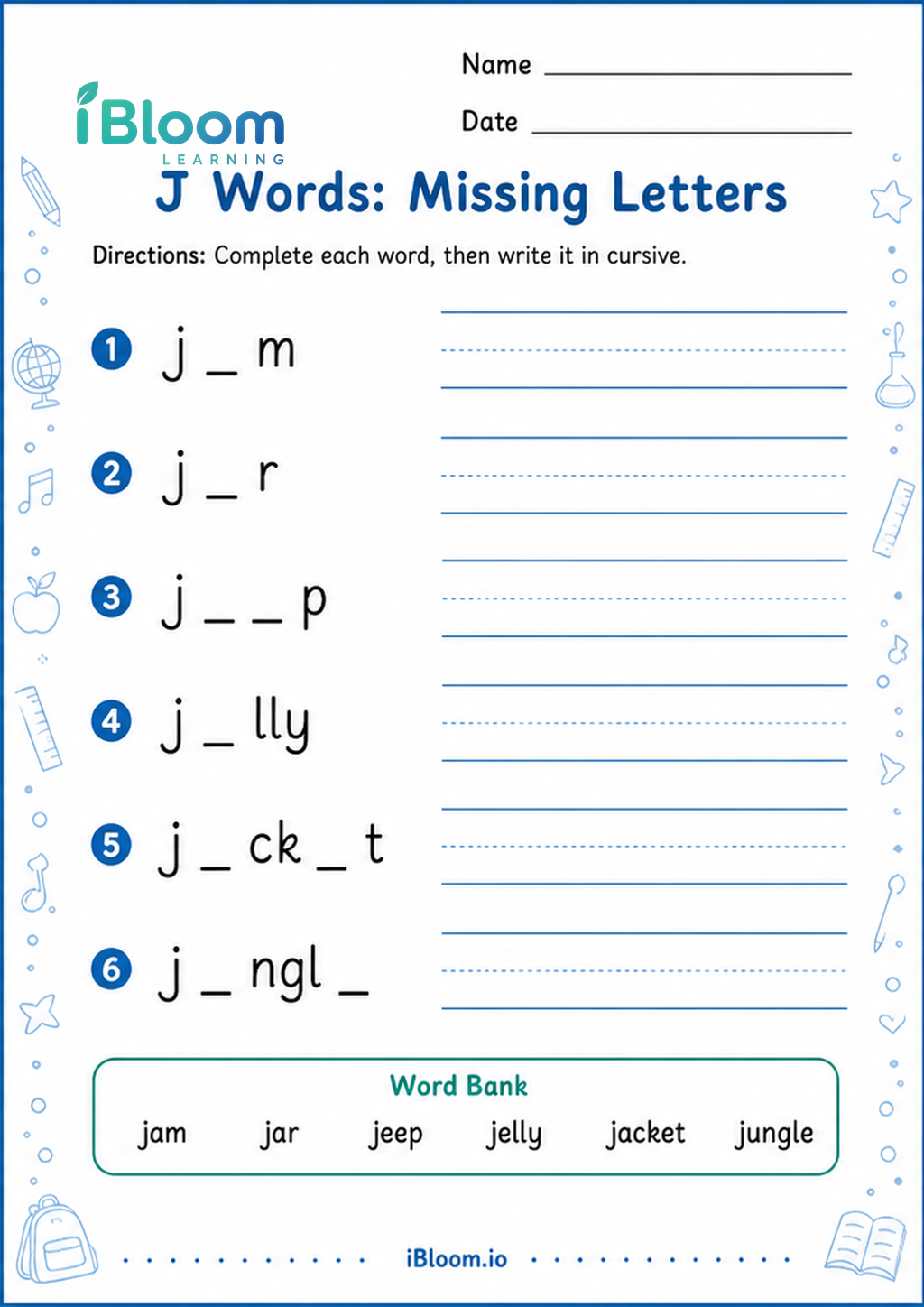 Preview of J Words: Missing Letters worksheet