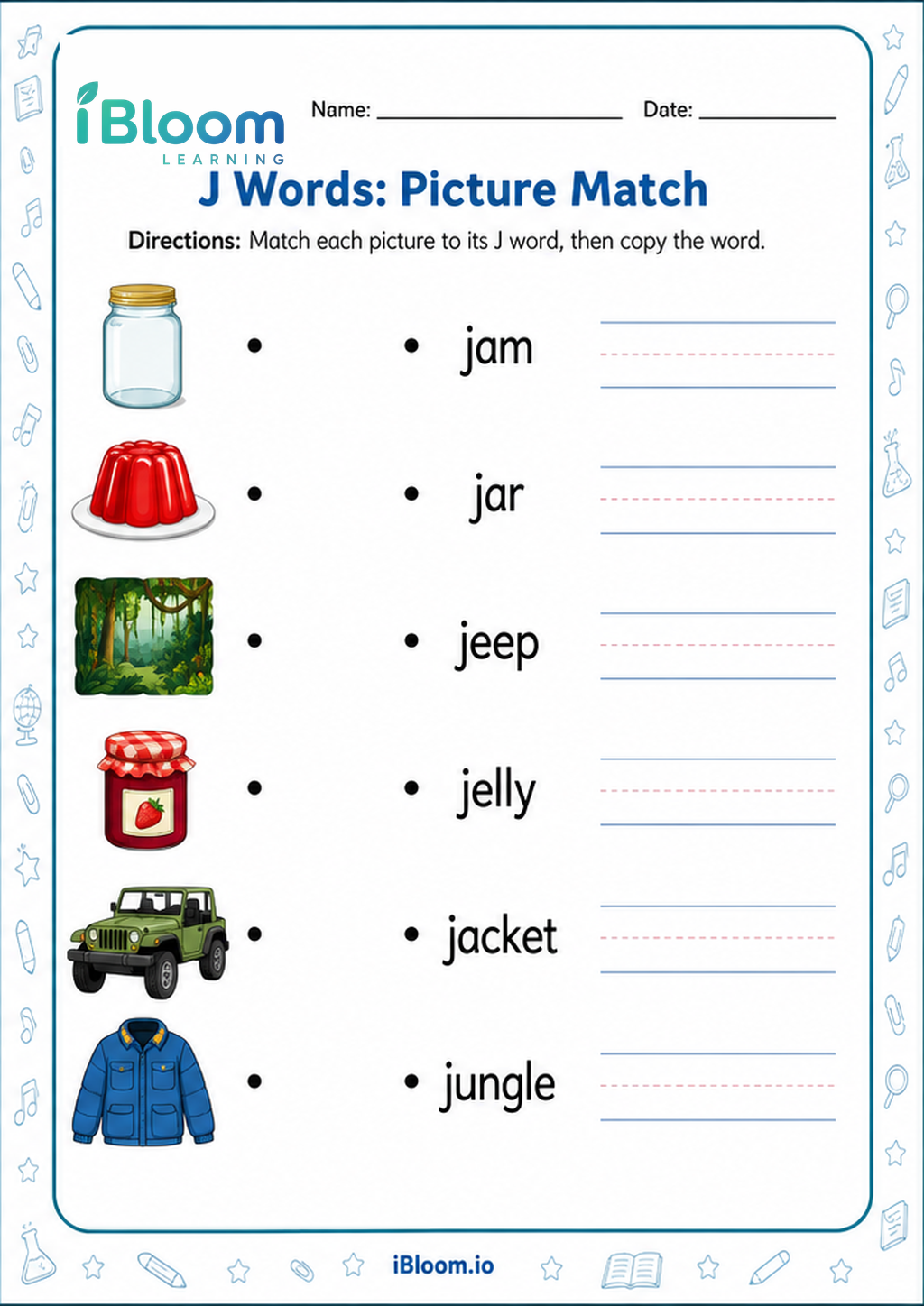 Preview of J Words: Picture Match worksheet