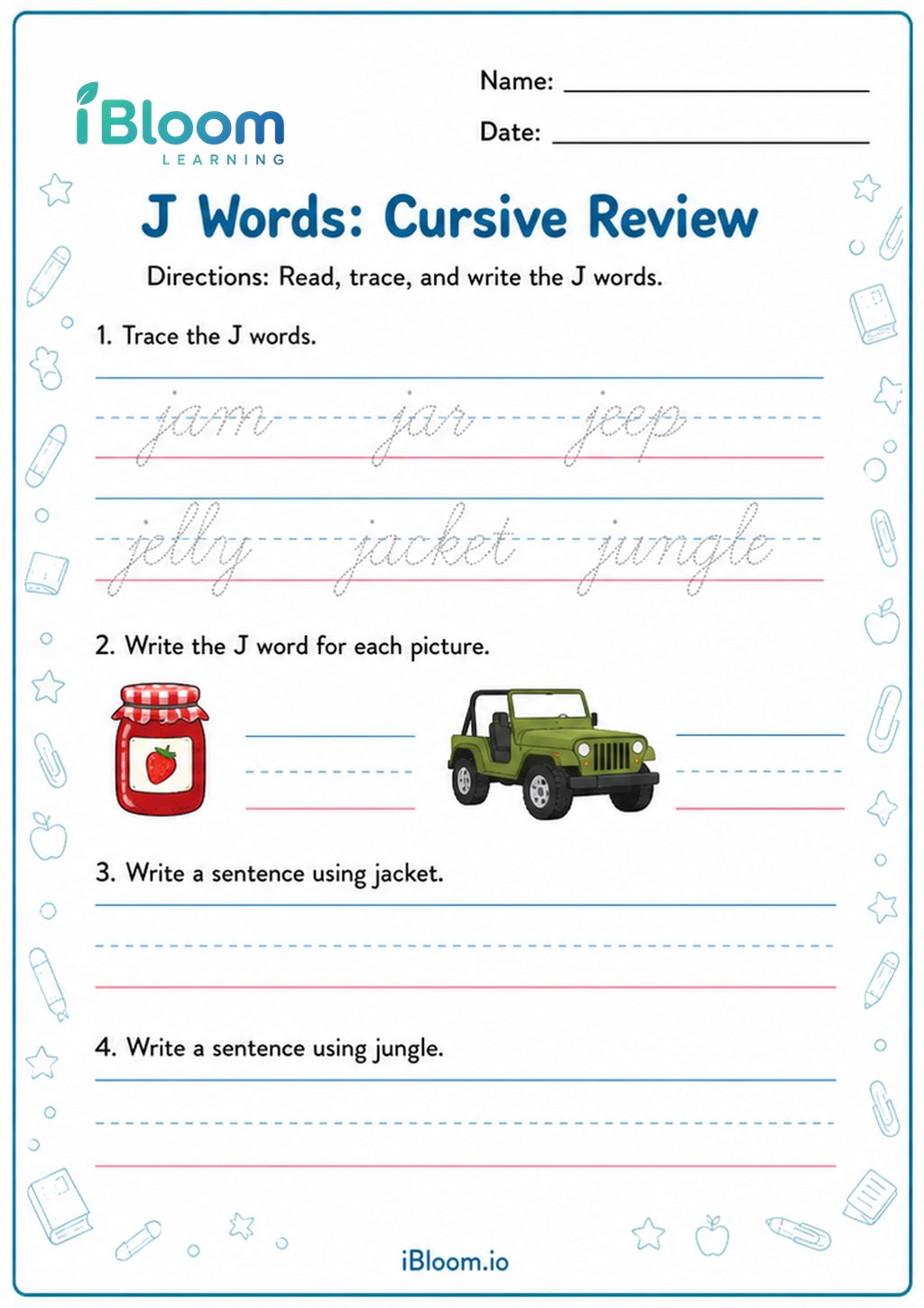 Preview page 1 of J Words: Cursive Review