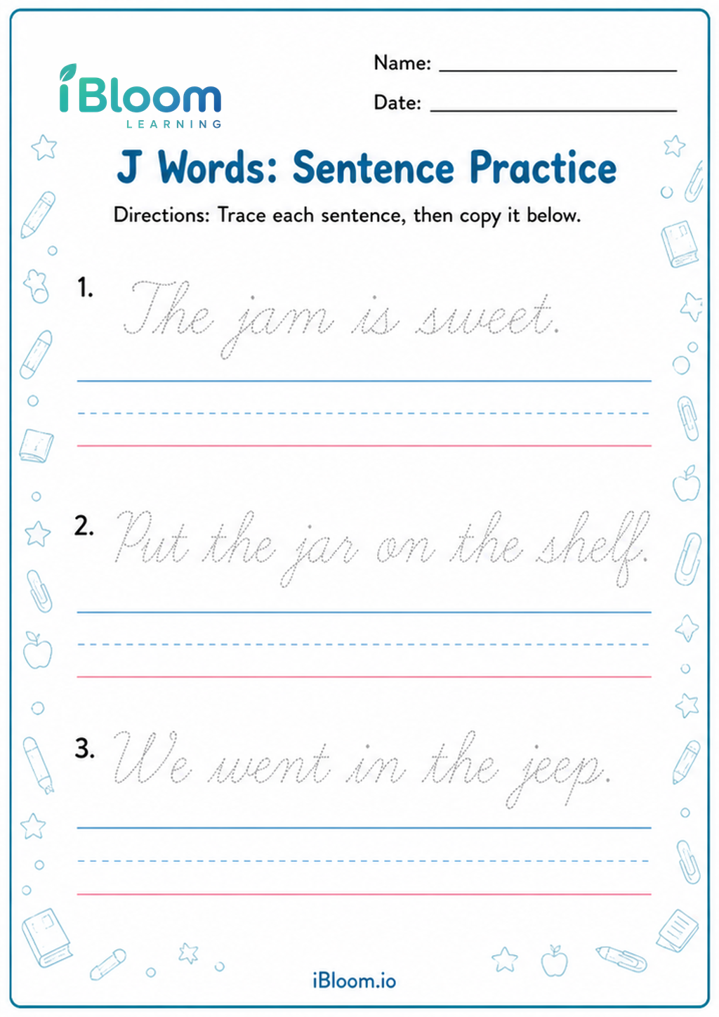 Preview of J Words: Sentence Practice worksheet