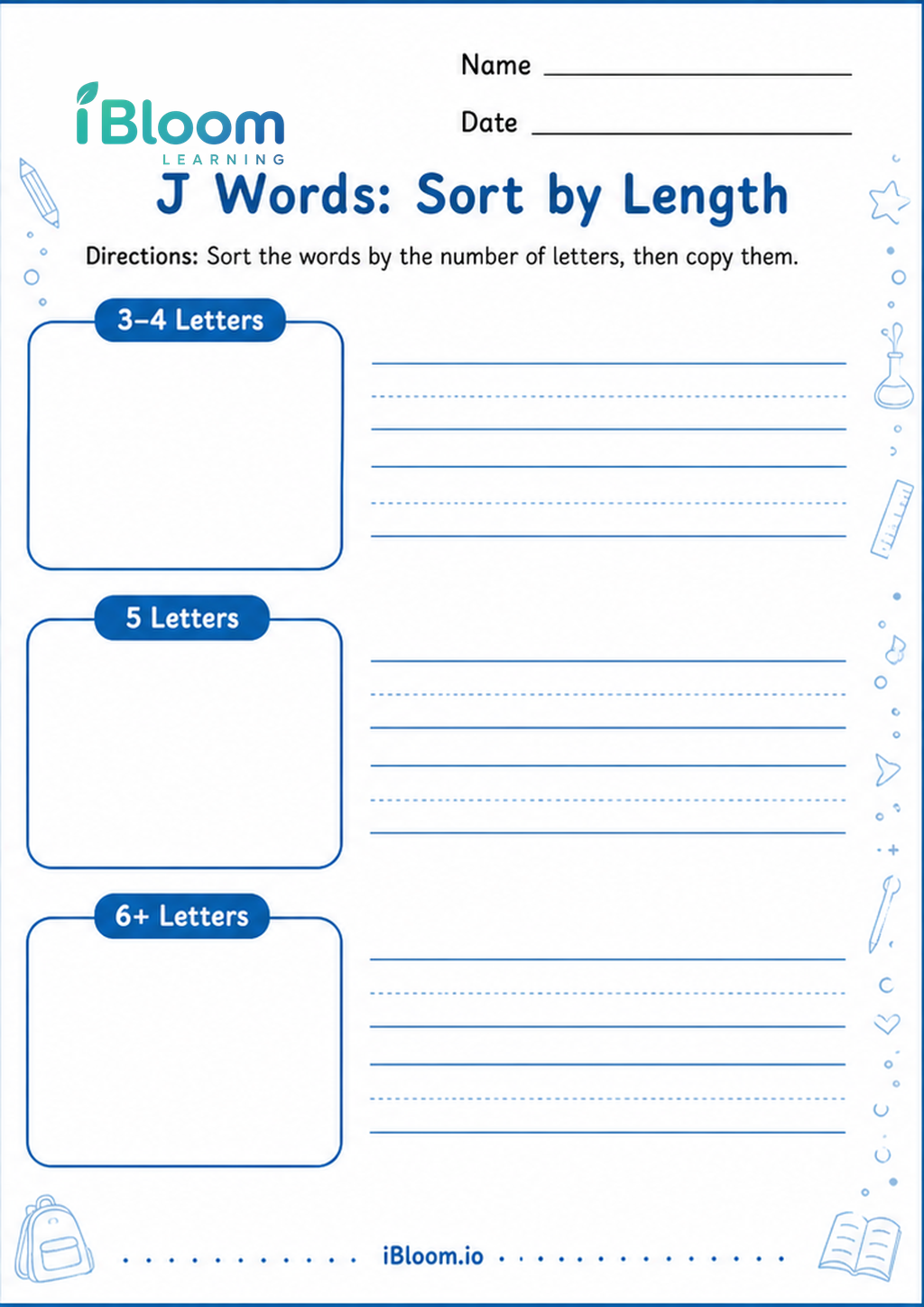 Preview page 1 of J Words: Sort by Length