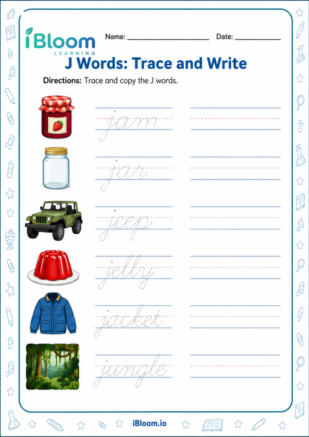 Preview page 1 of J Words: Trace and Write