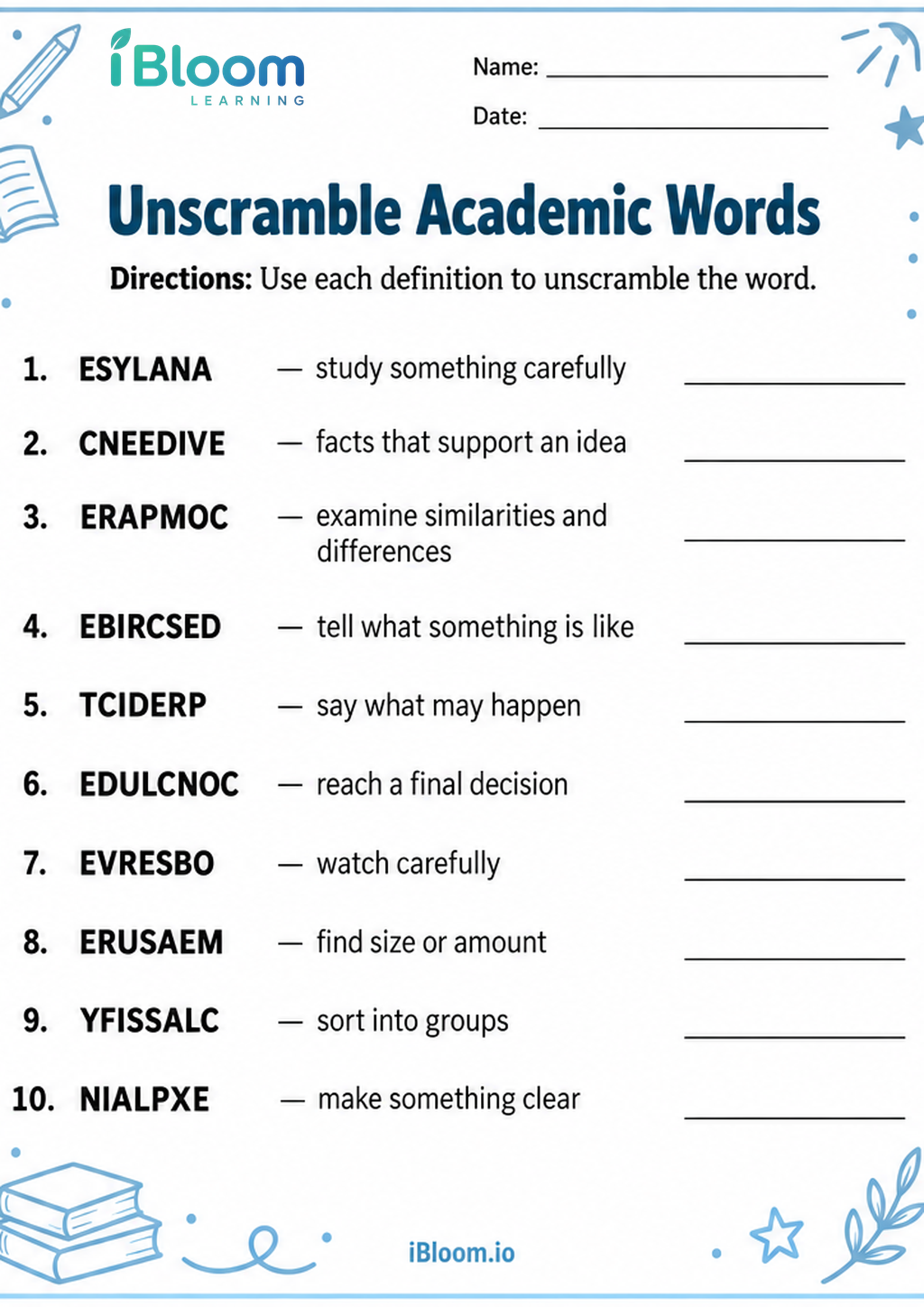 Preview of Unscramble Academic Words worksheet