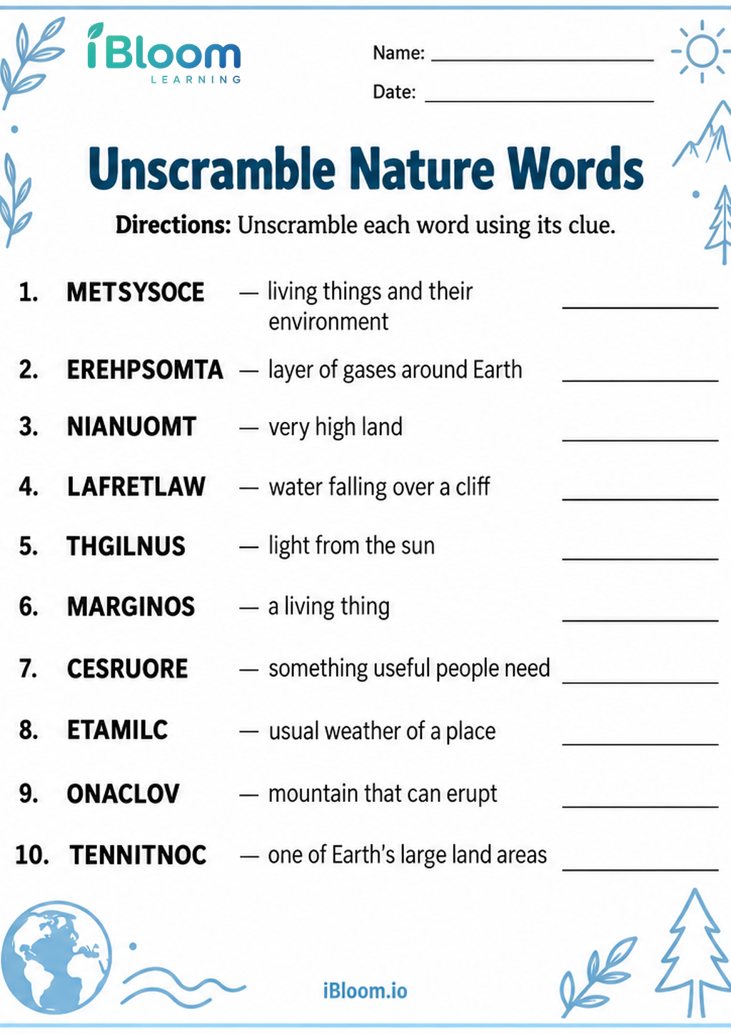 Preview page 1 of Unscramble Nature Words
