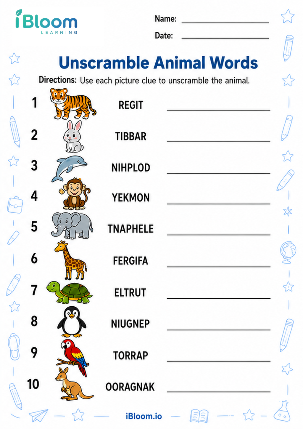 Preview of Unscramble Animal Words worksheet