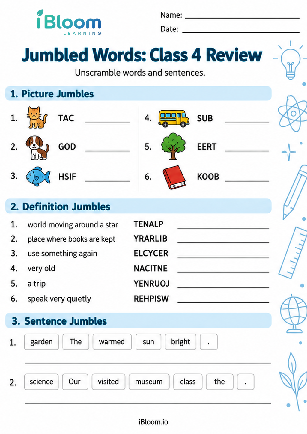 Jumbled Words: Class 4 Review printable Class 4 worksheet