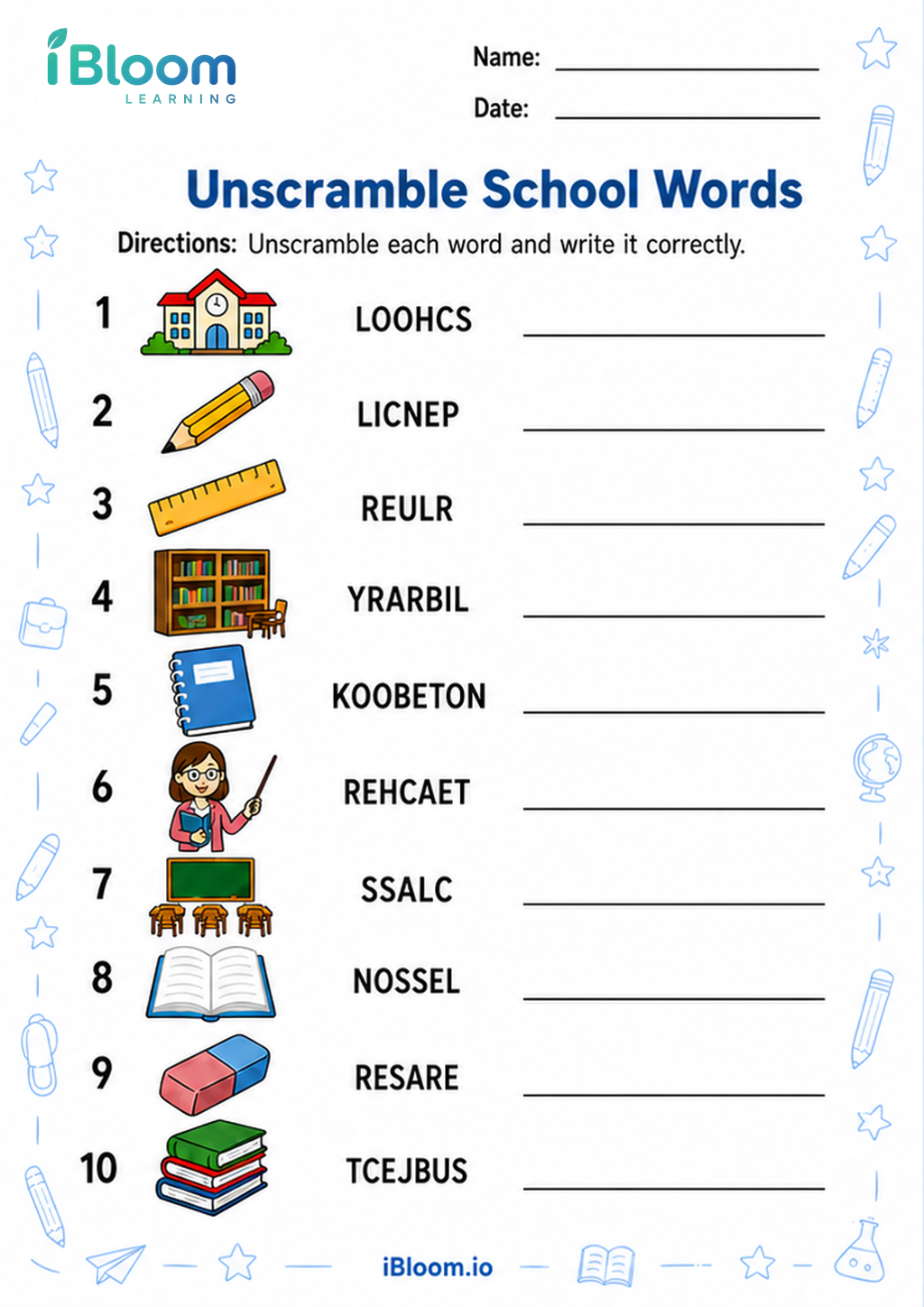 Preview page 1 of Unscramble School Words