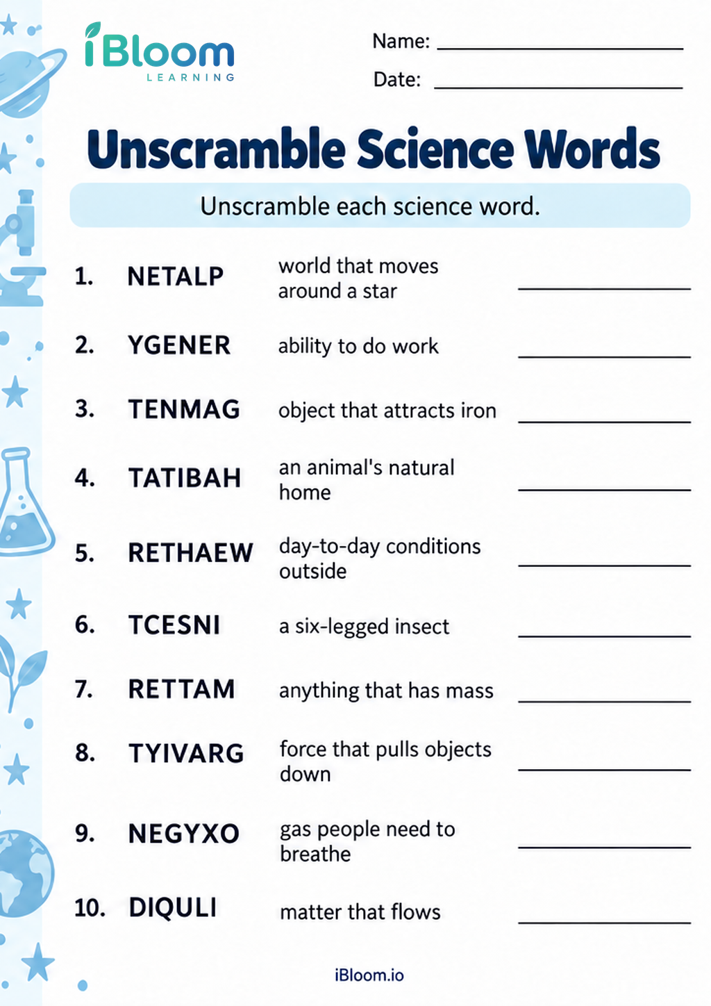Preview page 1 of Unscramble Science Words